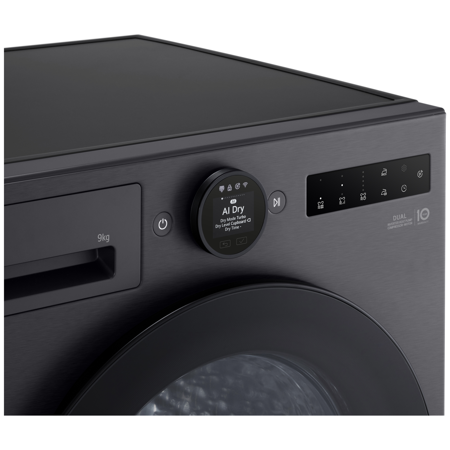 Close-up of a black LG washing machine with AI Dry feature displayed.