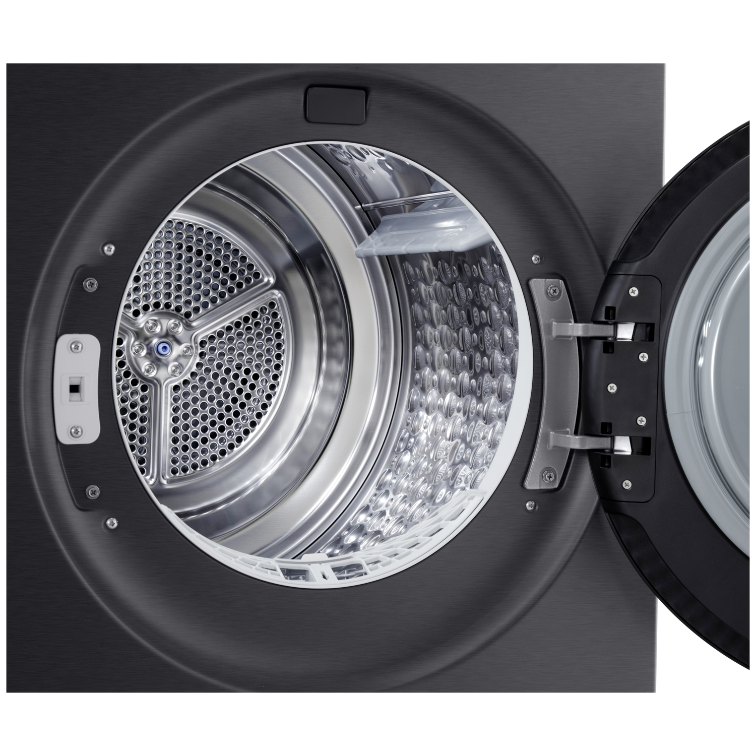 A black dryer with its door open, showing the drum inside.