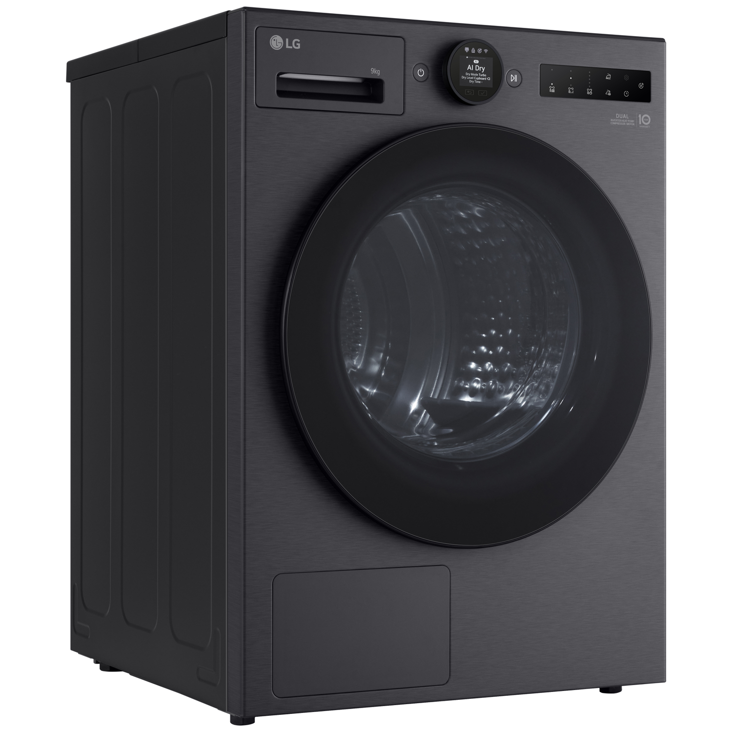 Black LG washing machine with a round door and digital display.