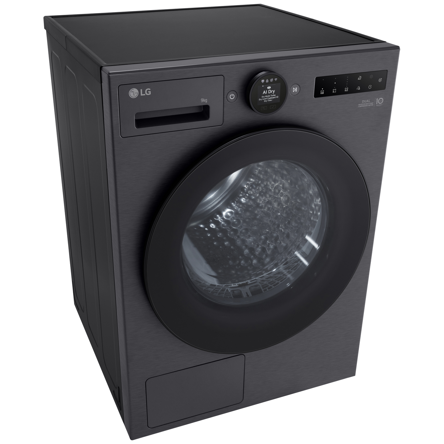 Black LG washing machine with a round door and digital control panel.