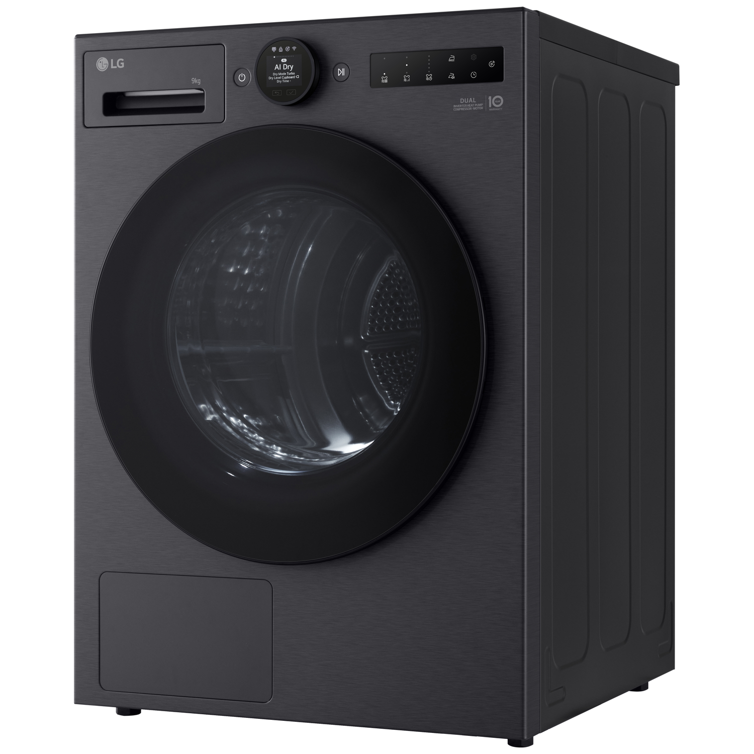 Black LG dryer with round door and digital display.