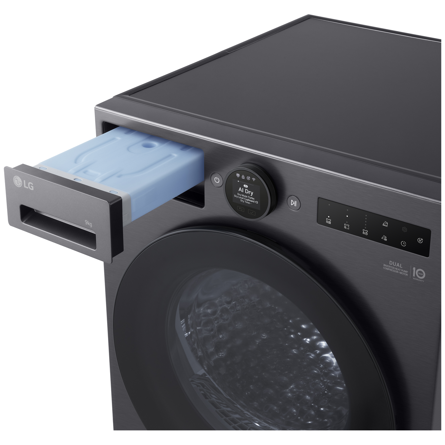 A dark gray LG washing machine with a light blue detergent drawer pulled out.