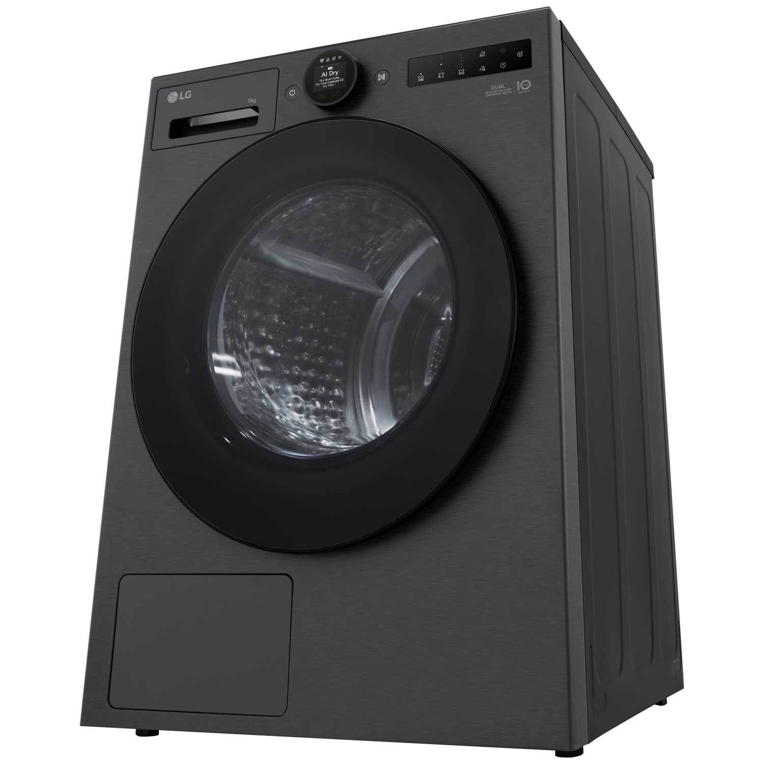 Black LG washing machine with a round door and digital display.