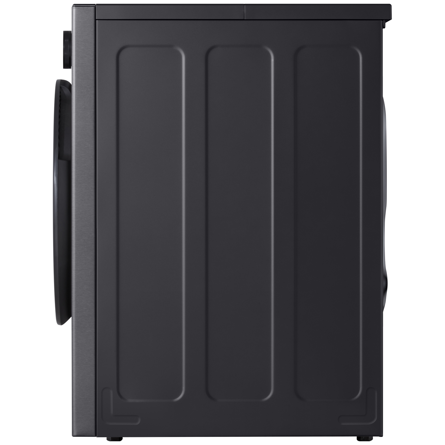 Dark gray washing machine seen from the side, showing the door and control panel.