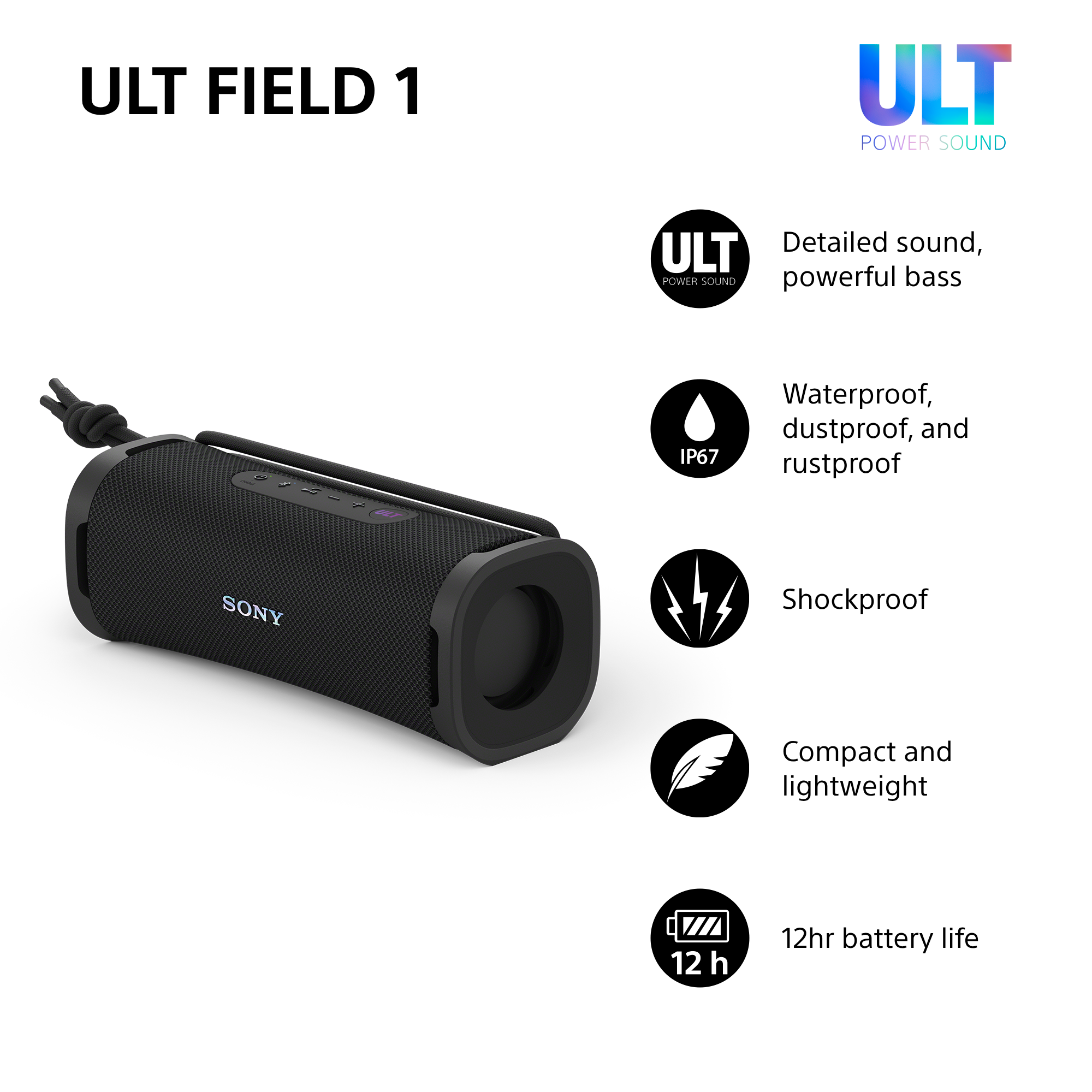 Schwarzer Sony ULT FIELD 1 Lautsprecher mit Schnur und Symbolen für Wasserdichtigkeit, Stoßfestigkeit.