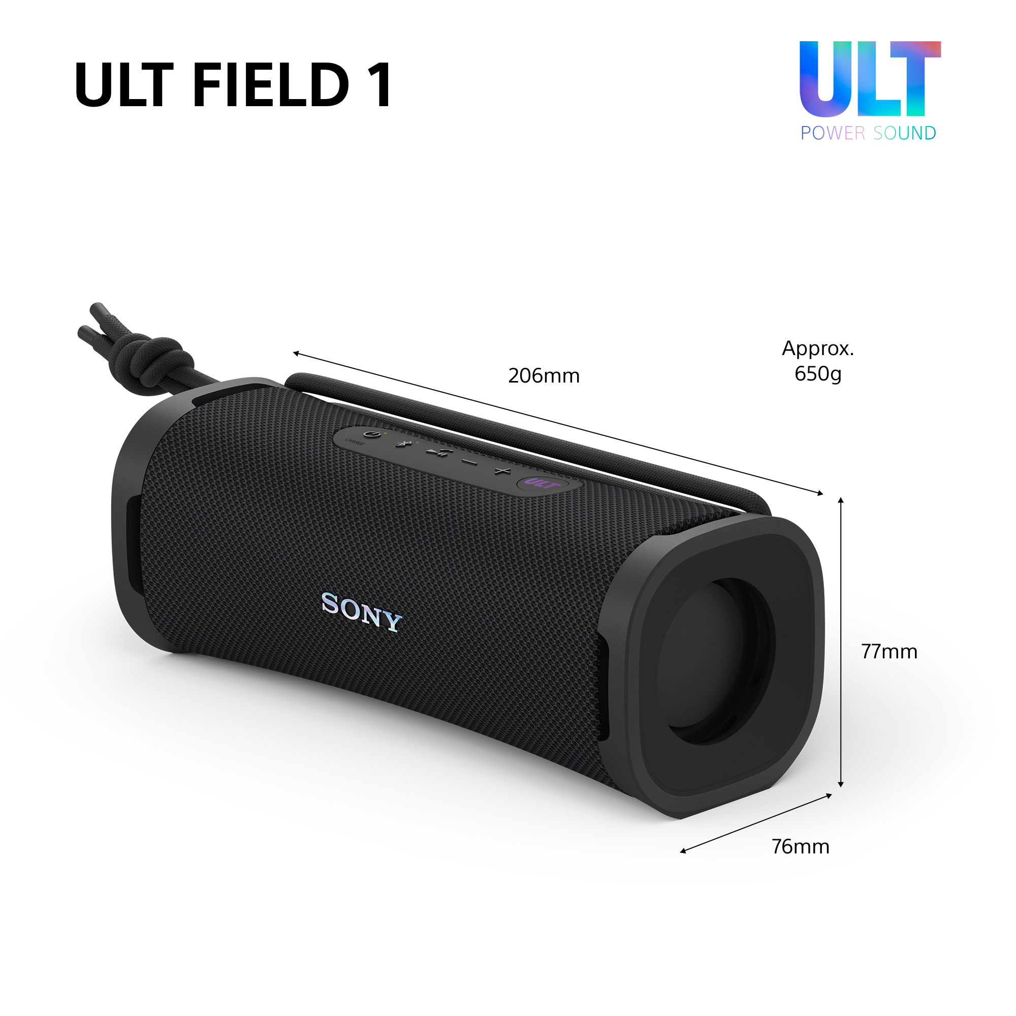 Schwarzer Sony ULT FIELD 1 Lautsprecher mit Maßen 206x77x76mm, ca. 650g.