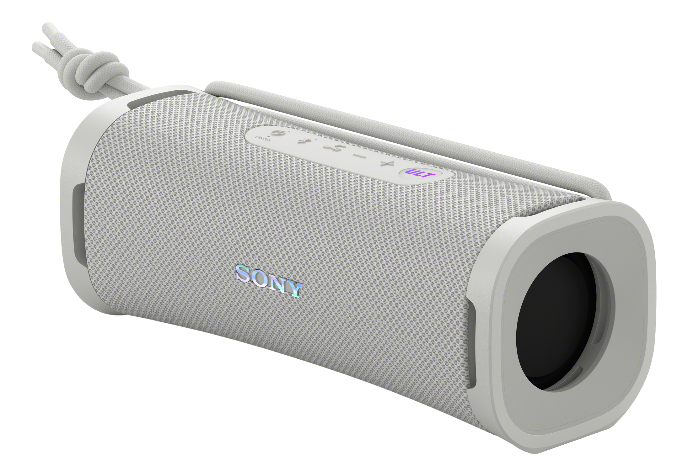 Altoparlante Sony bianco con copertura in tessuto e tracolla.