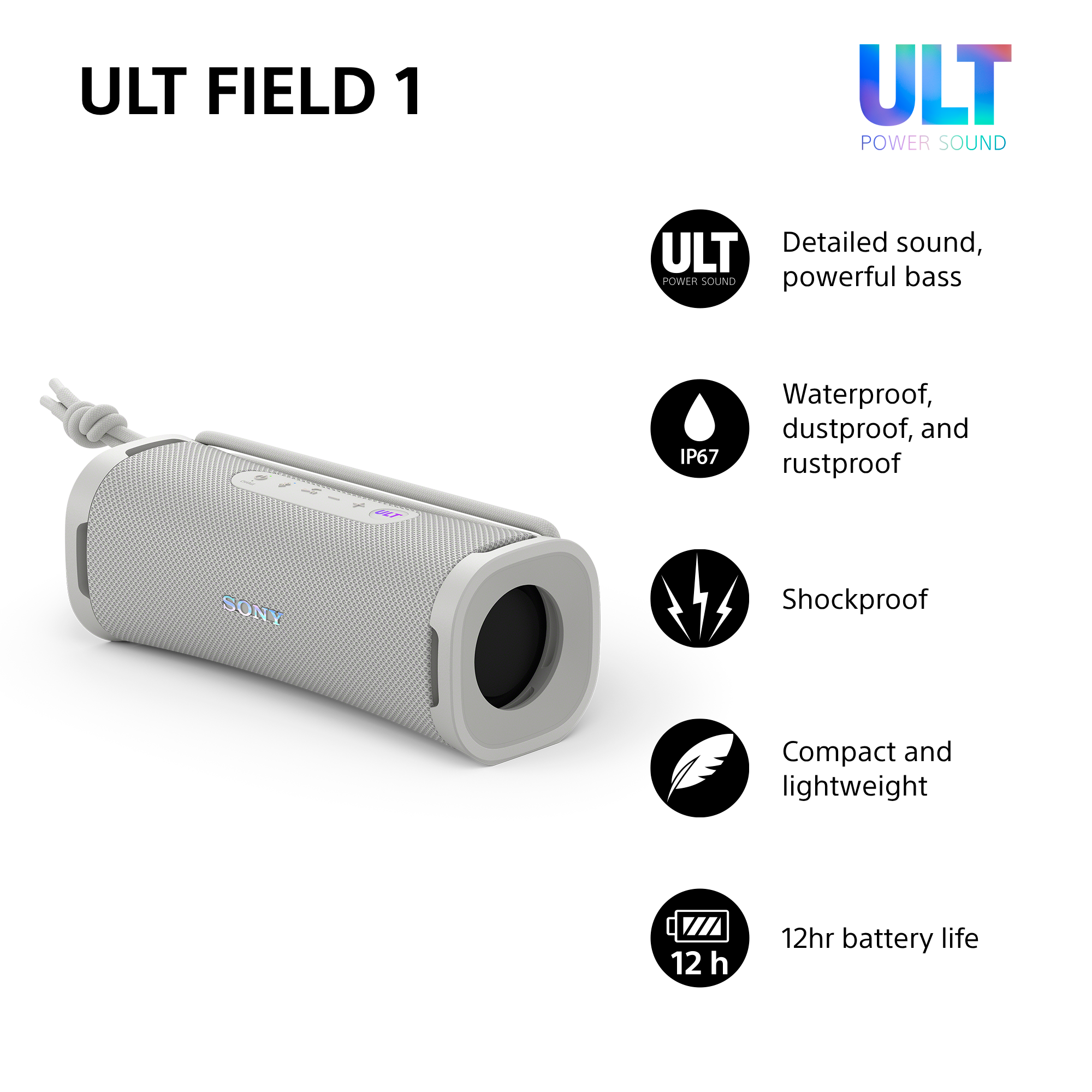 Altoparlante grigio Sony ULT FIELD 1 con cavo e icone per resistenza all'acqua e durata batteria.