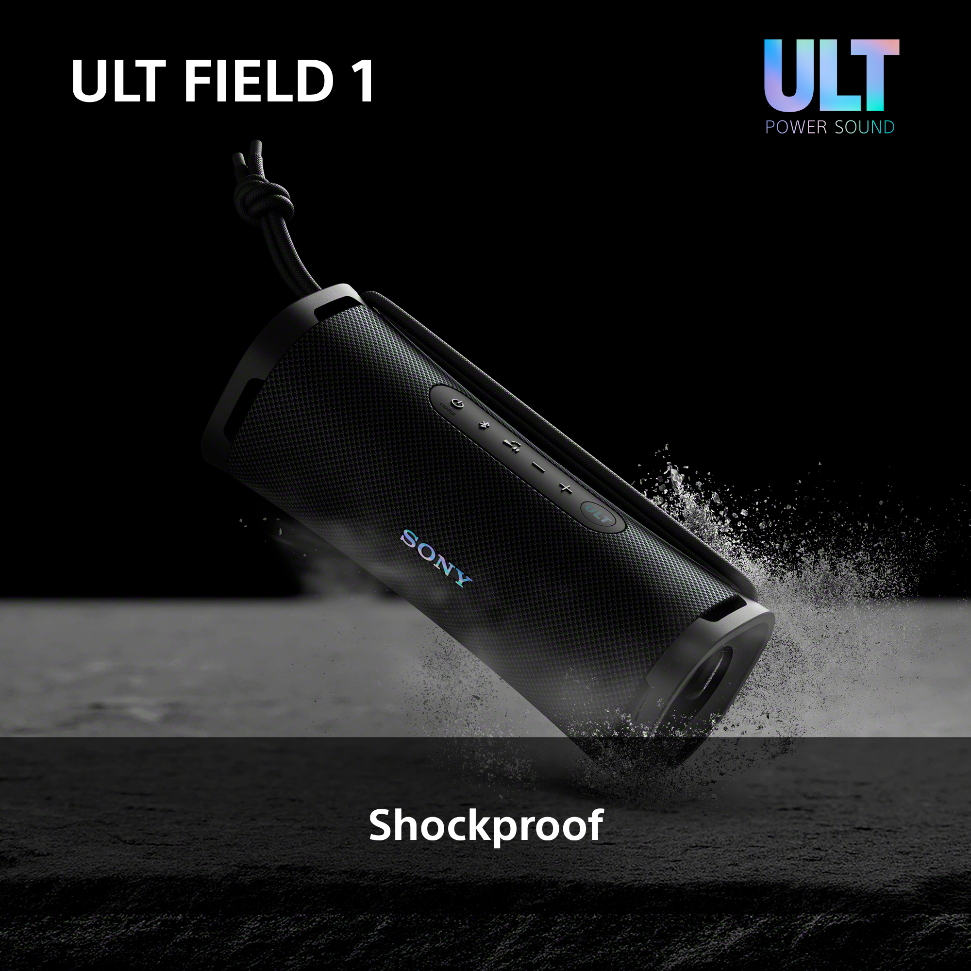 Altoparlante Sony nero con corda, solleva polvere. Testo "Shockproof" in basso.
