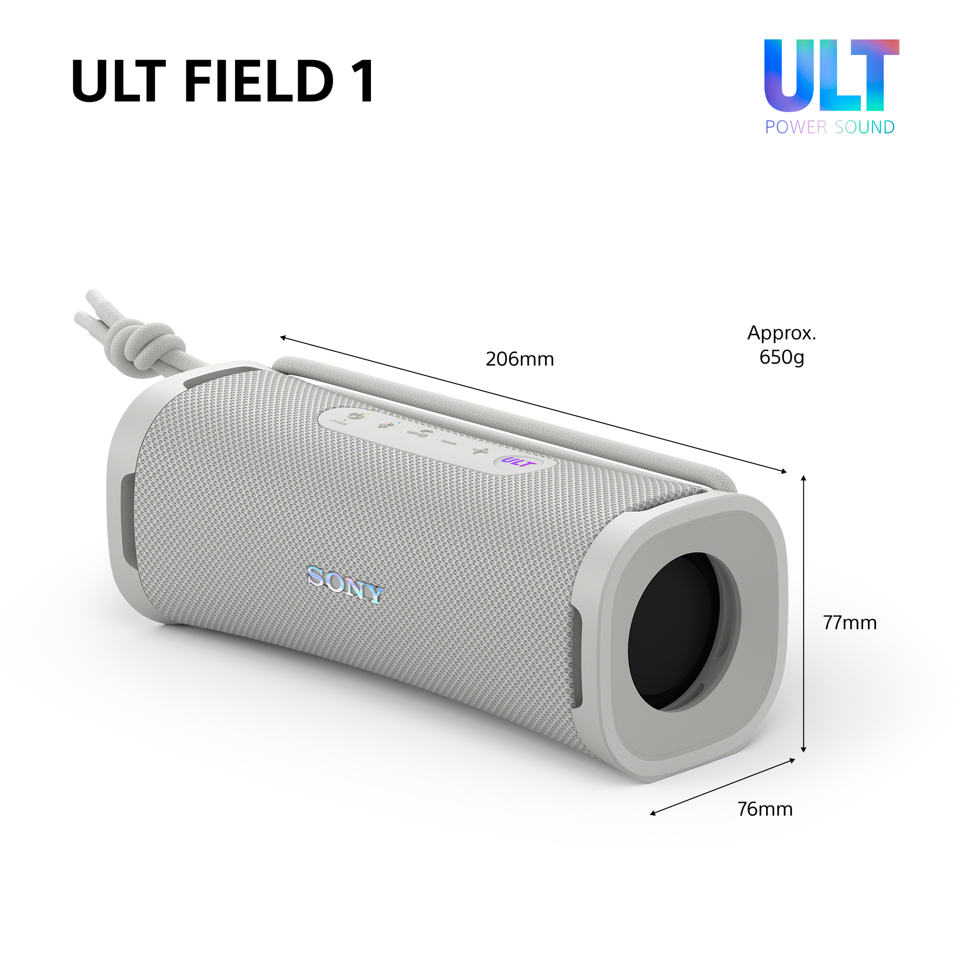 Altoparlante Sony ULT FIELD 1 grigio con dimensioni e peso.