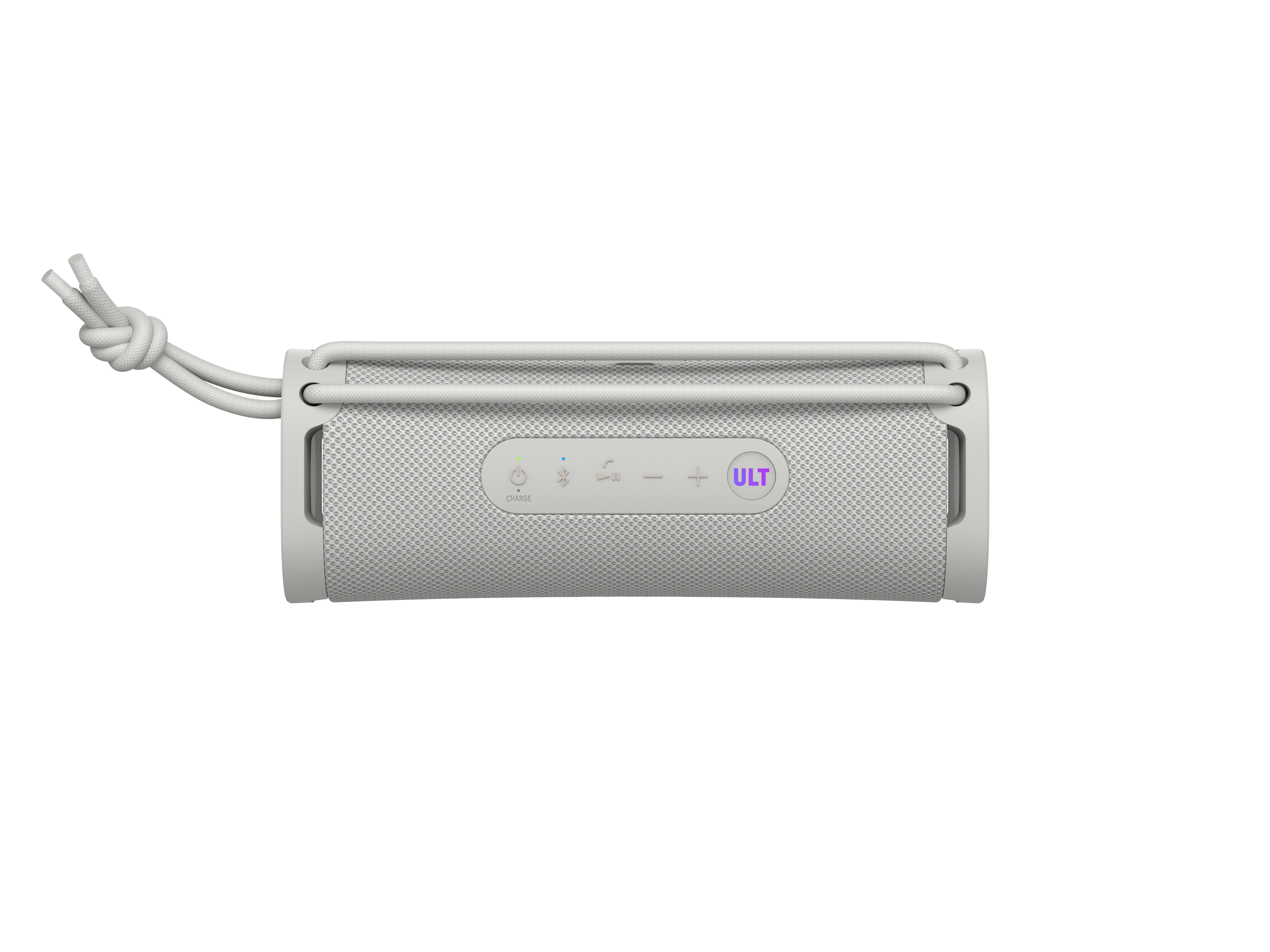 Un altoparlante Bluetooth grigio con cavo e pulsanti.