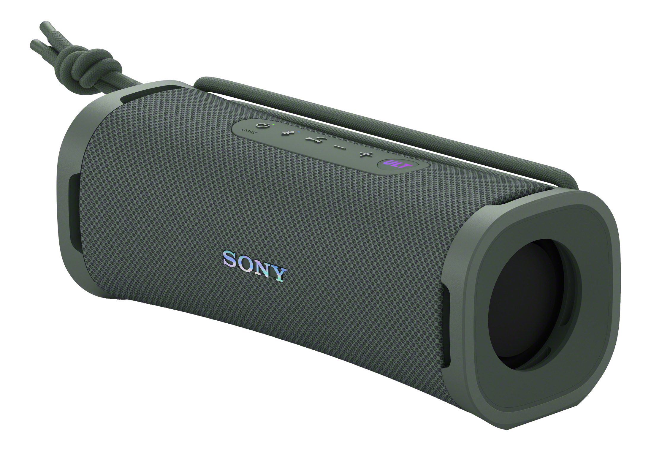 Altoparlante Bluetooth Sony grigio con laccetto e pulsanti di controllo.