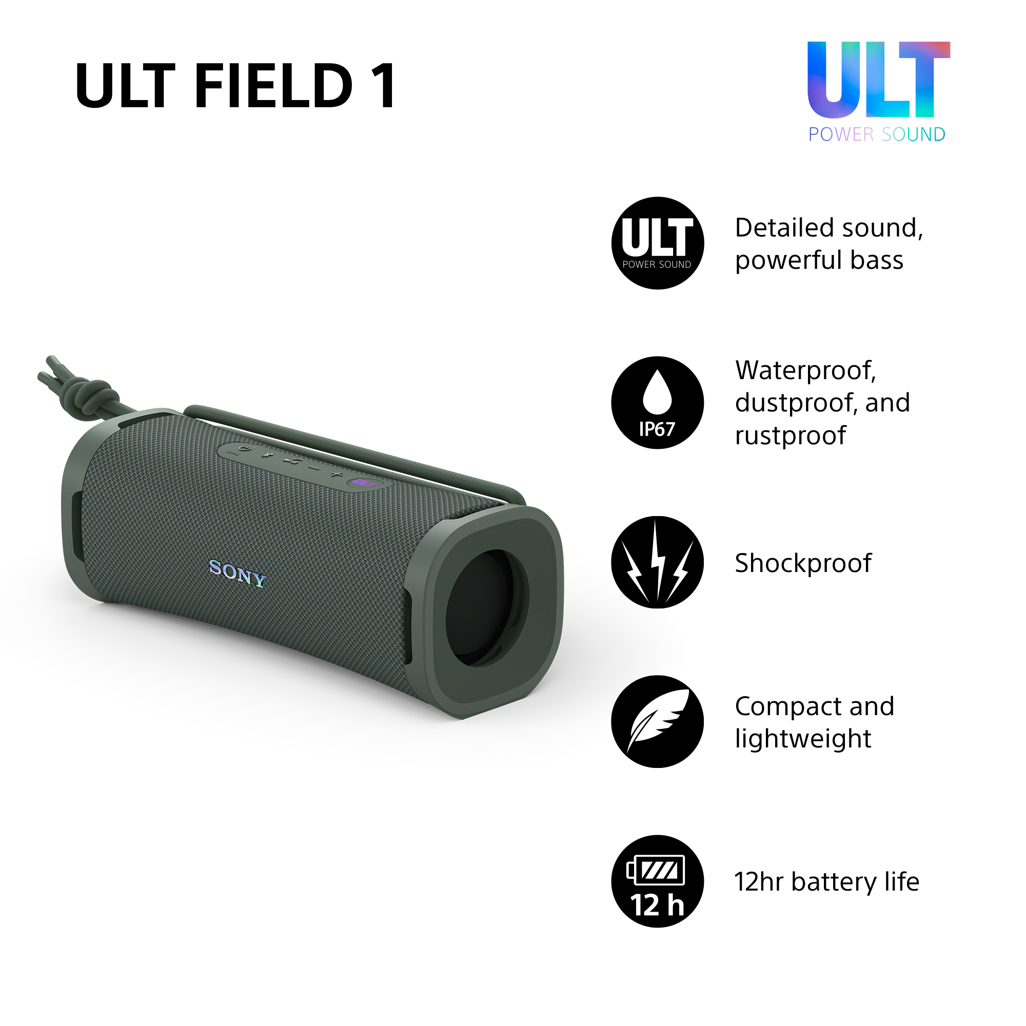 Altoparlante Sony ULT FIELD 1 verde con caratteristiche: suono dettagliato, impermeabile.