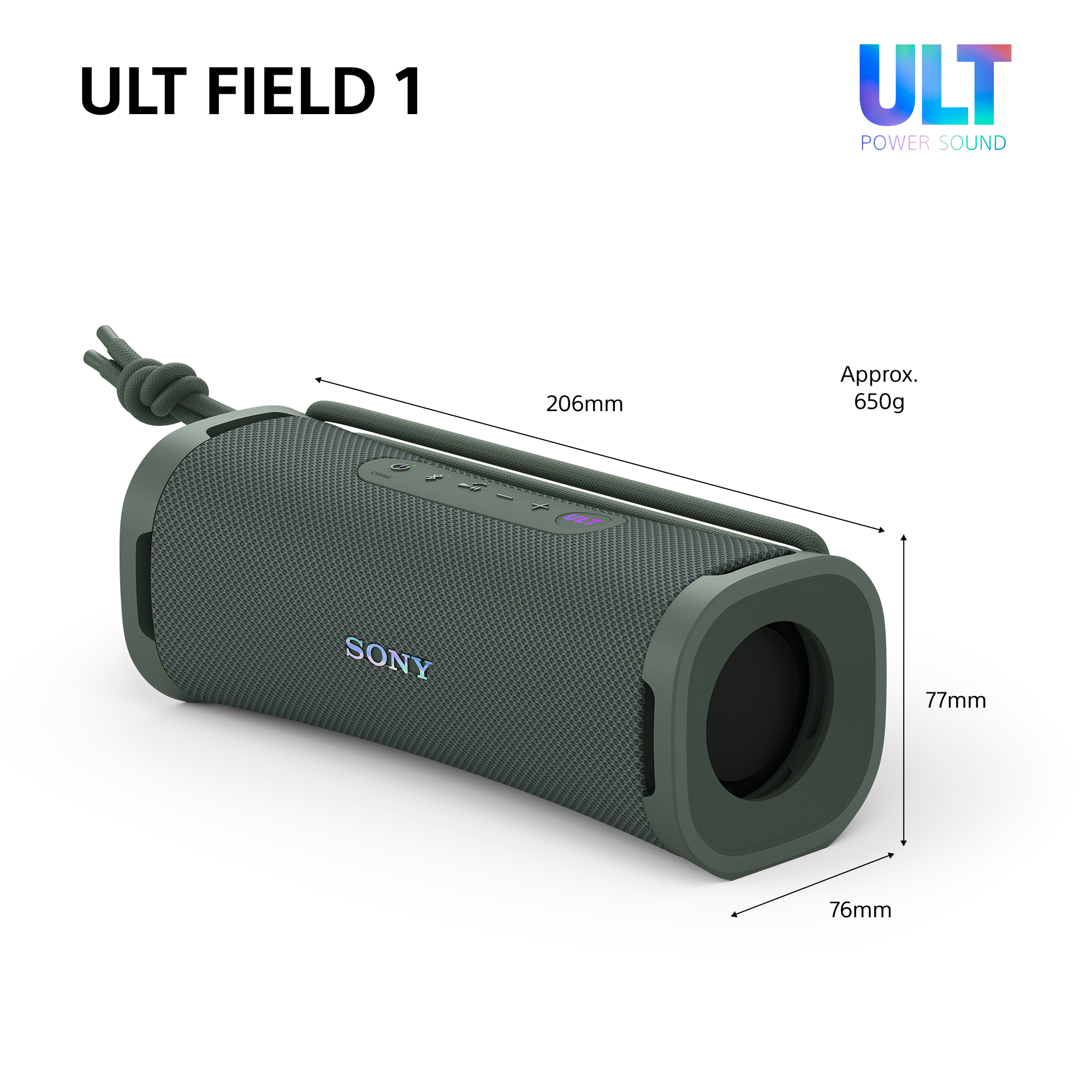 Altoparlante Sony verde scuro con tracolla e dimensioni.