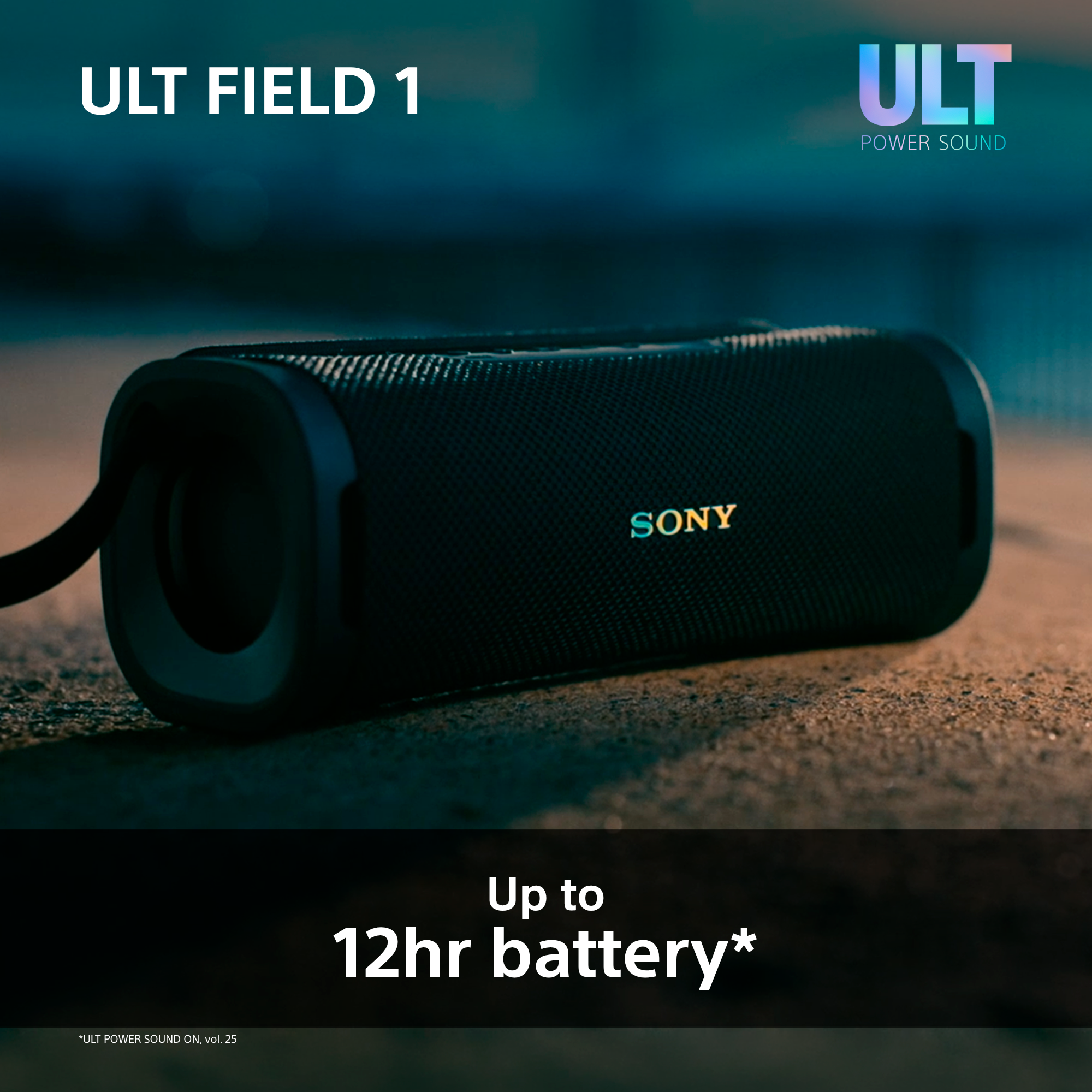 Altoparlante Sony nero con testo "ULT FIELD 1" e "ULT POWER SOUND".