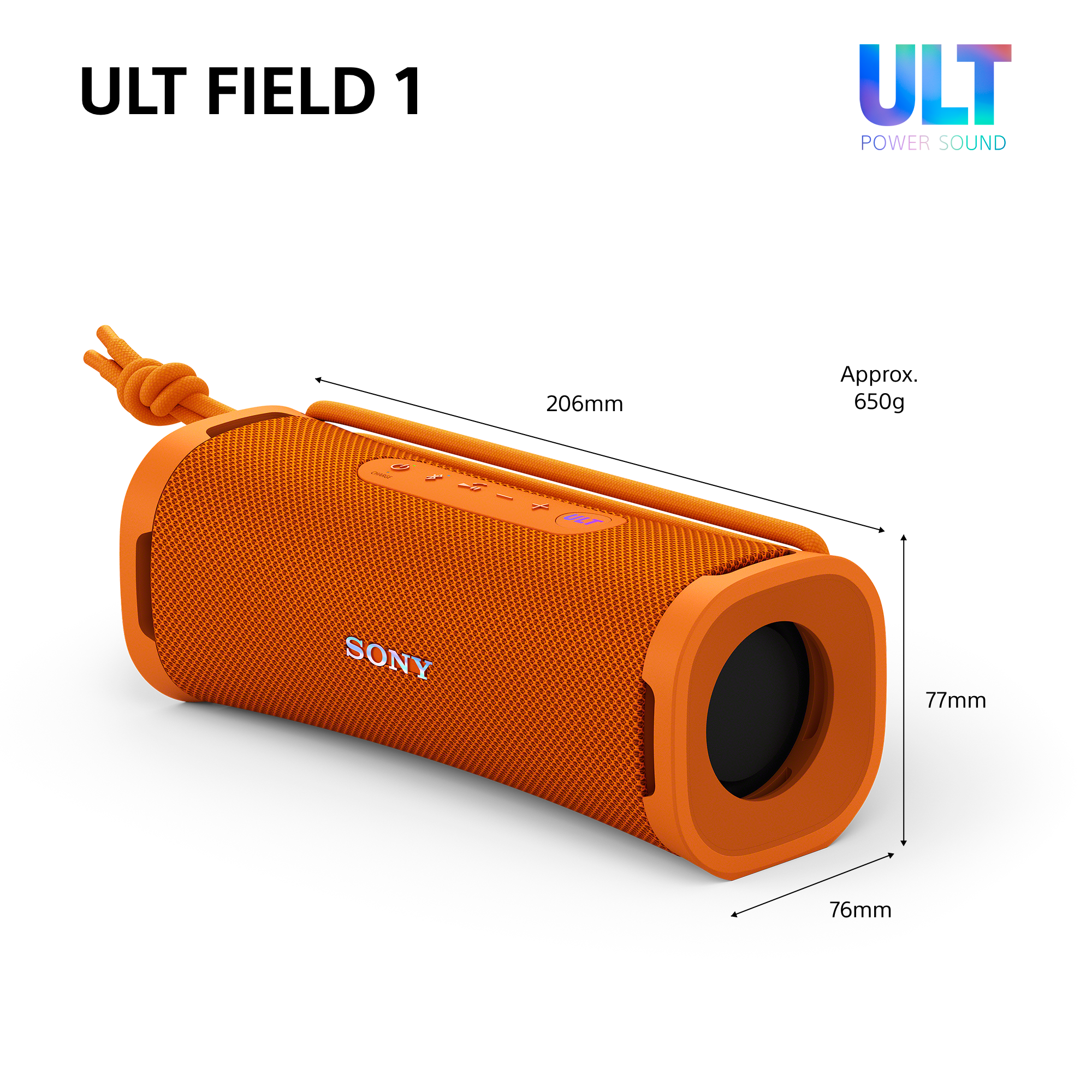 Altoparlante Sony arancione con manico e cordino, dimensioni 206x77x76mm.
