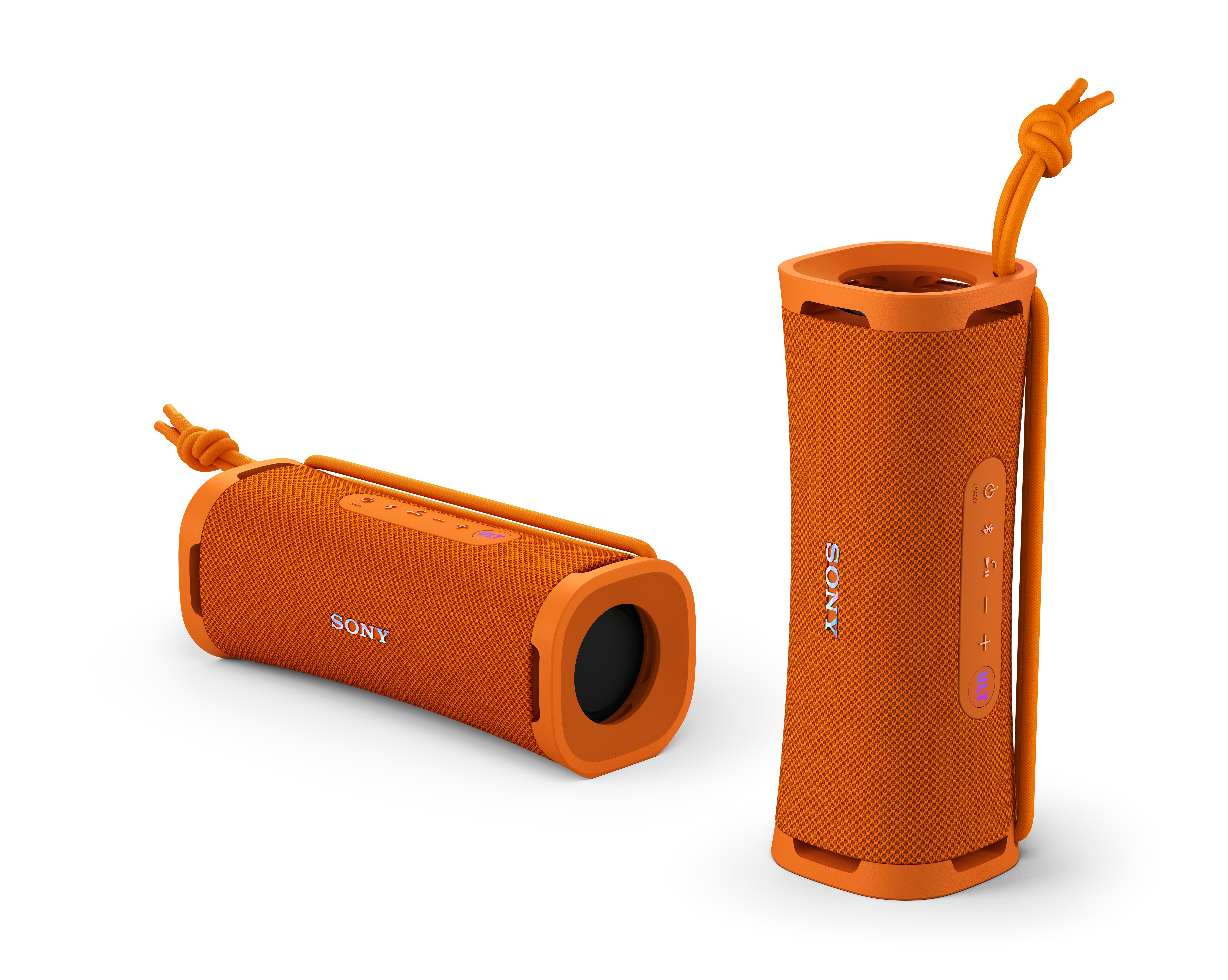 Due altoparlanti Bluetooth Sony arancioni con cordini su sfondo bianco.