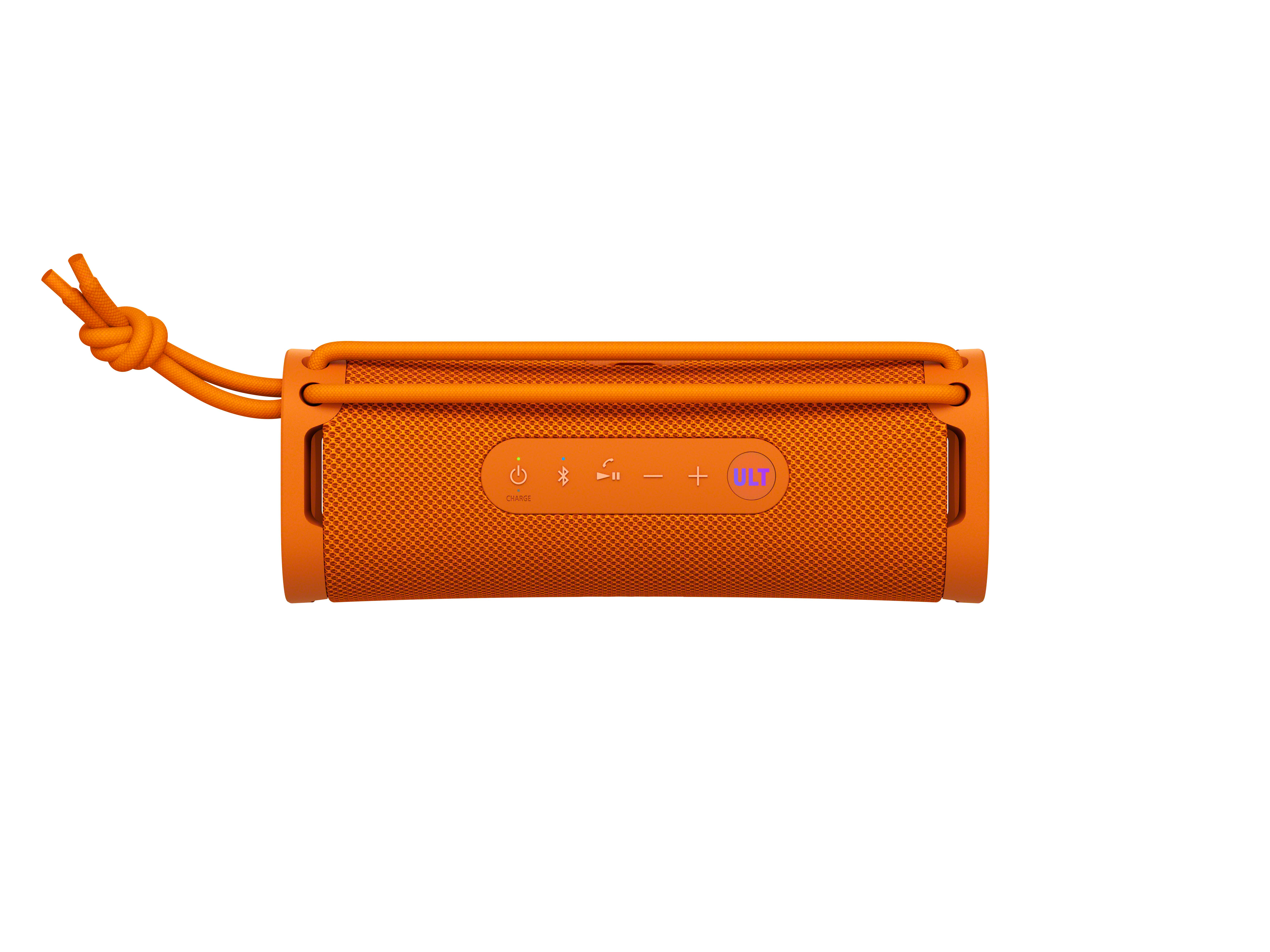 Altoparlante Bluetooth arancione con cordino e pulsanti su sfondo bianco.