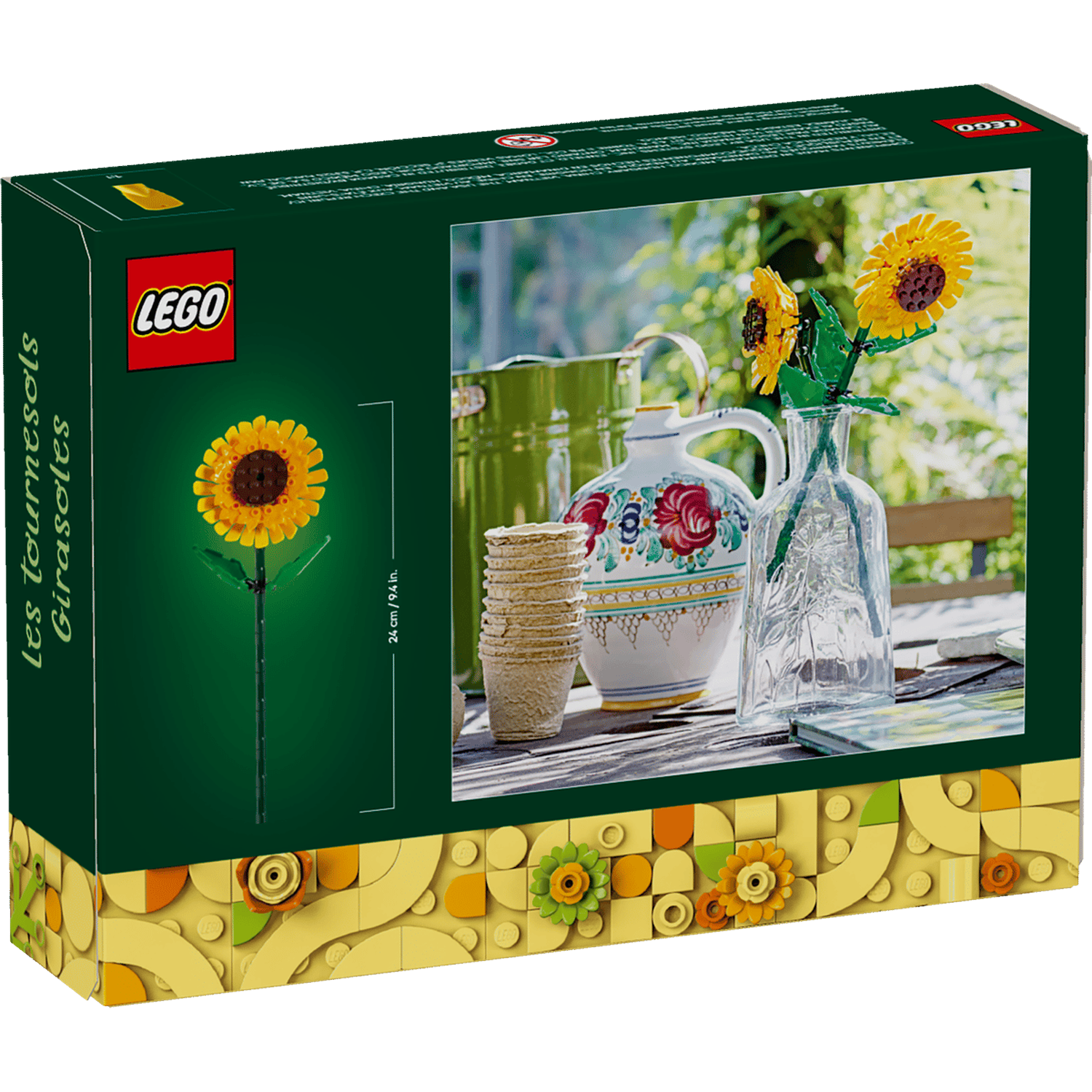 A Lego sunflower set featuring a single flower, vase, pots, and watering can.