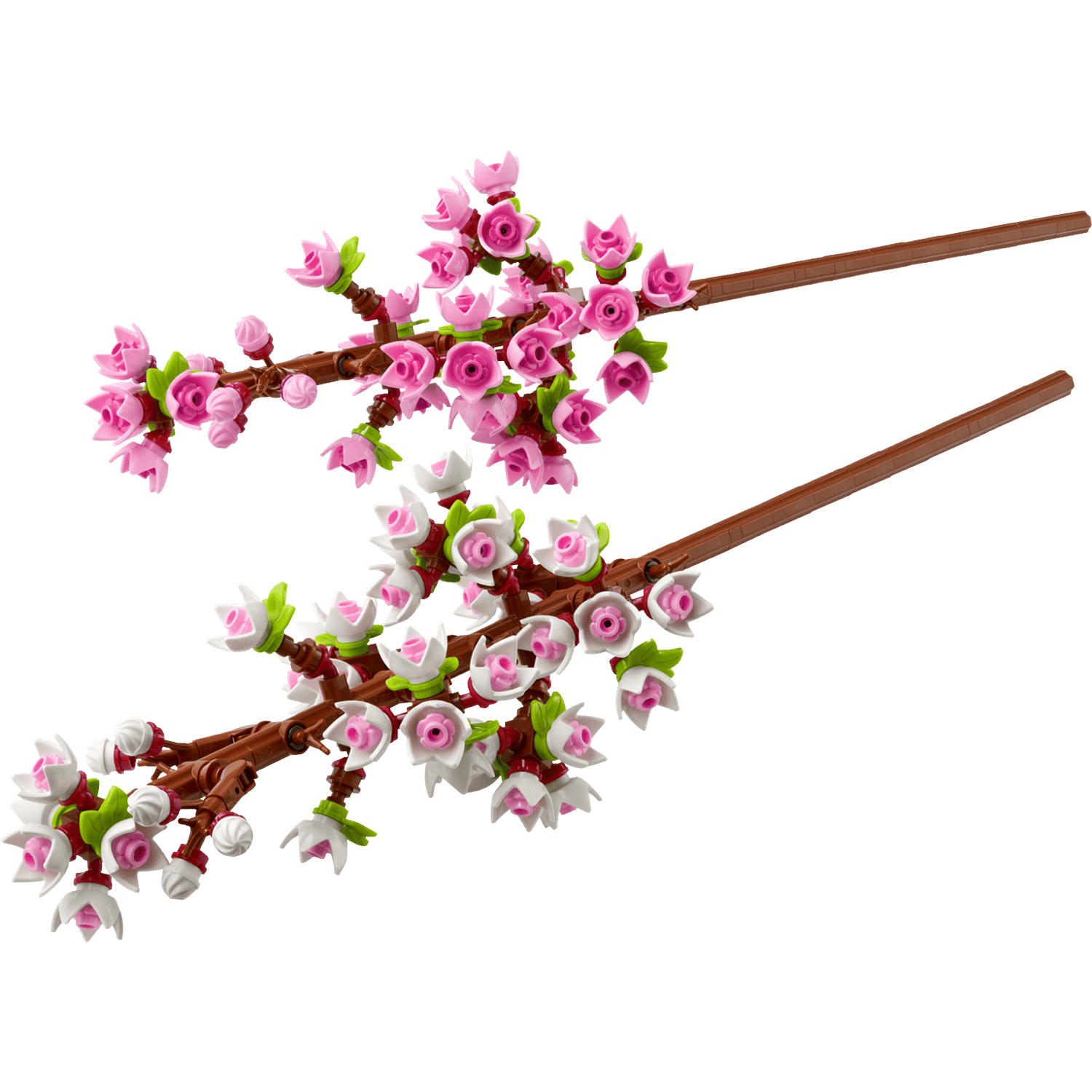 Two brown branches with artificial pink and white cherry blossoms on a black background.