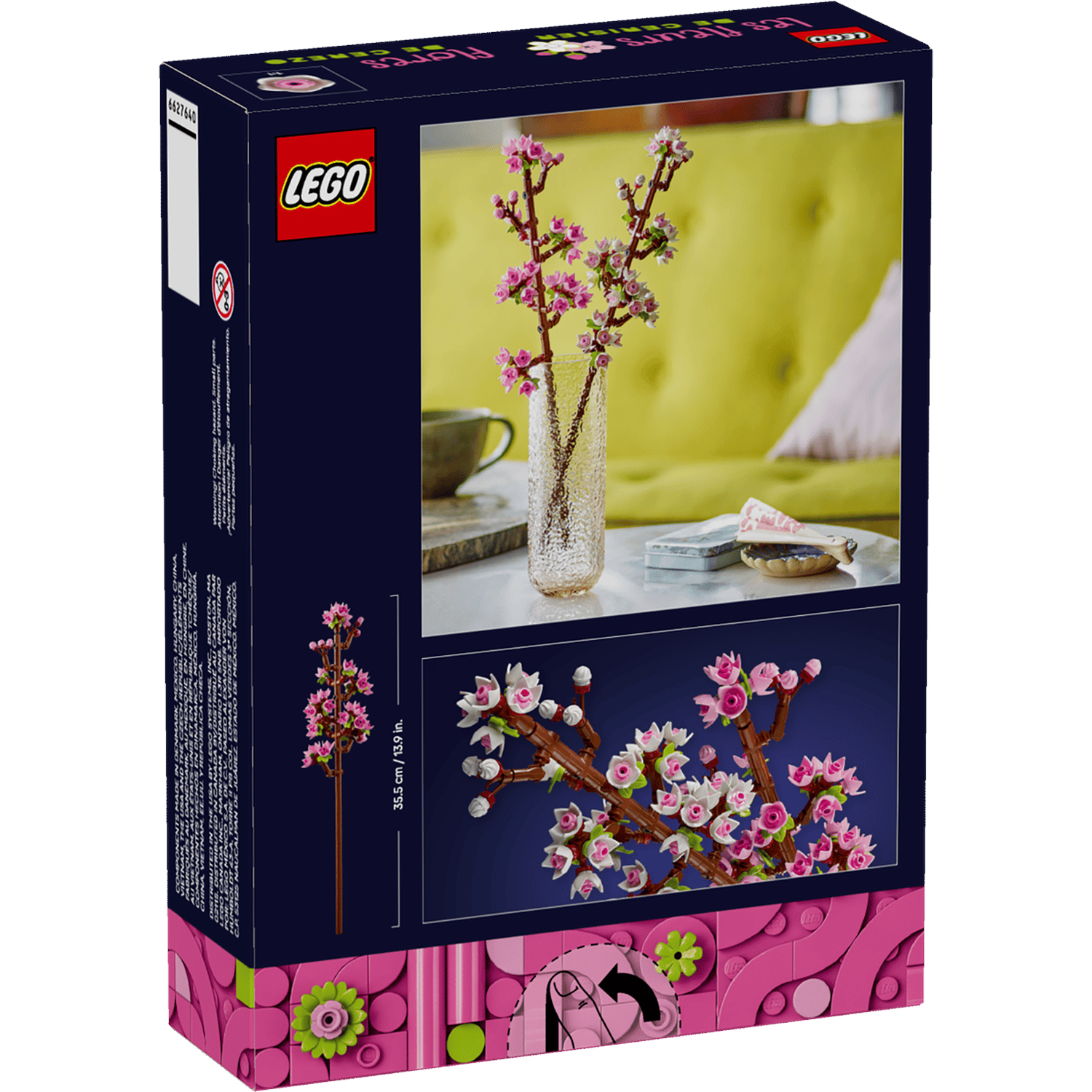 Box of Lego Cherry Blossoms set. Top: Branches in vase. Bottom: Close-up.