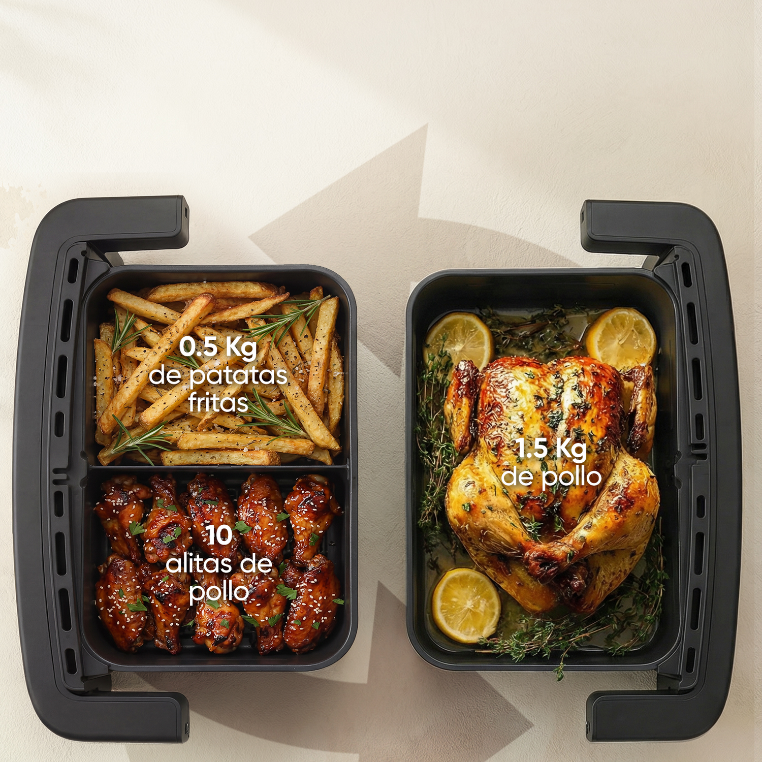 Cesta doble de freidora de aire con papas fritas, alitas y pollo entero.