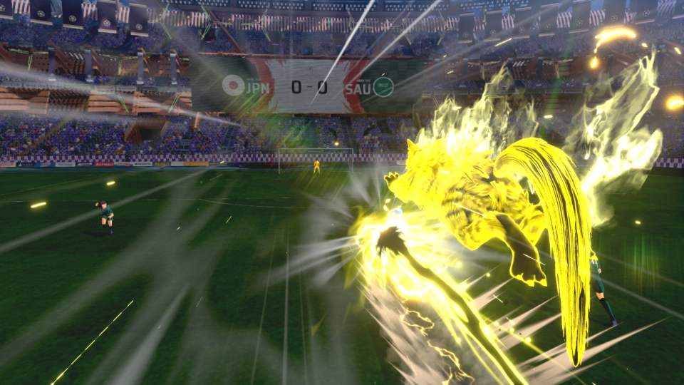 Ein gelber Wolf mit leuchtenden Energieeffekten stürmt auf einem Fußballfeld.
