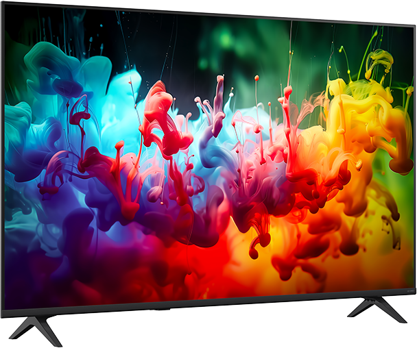 Egy modern TV absztrakt, színes tintafelhőket mutat piros, kék és sárga színekben.
