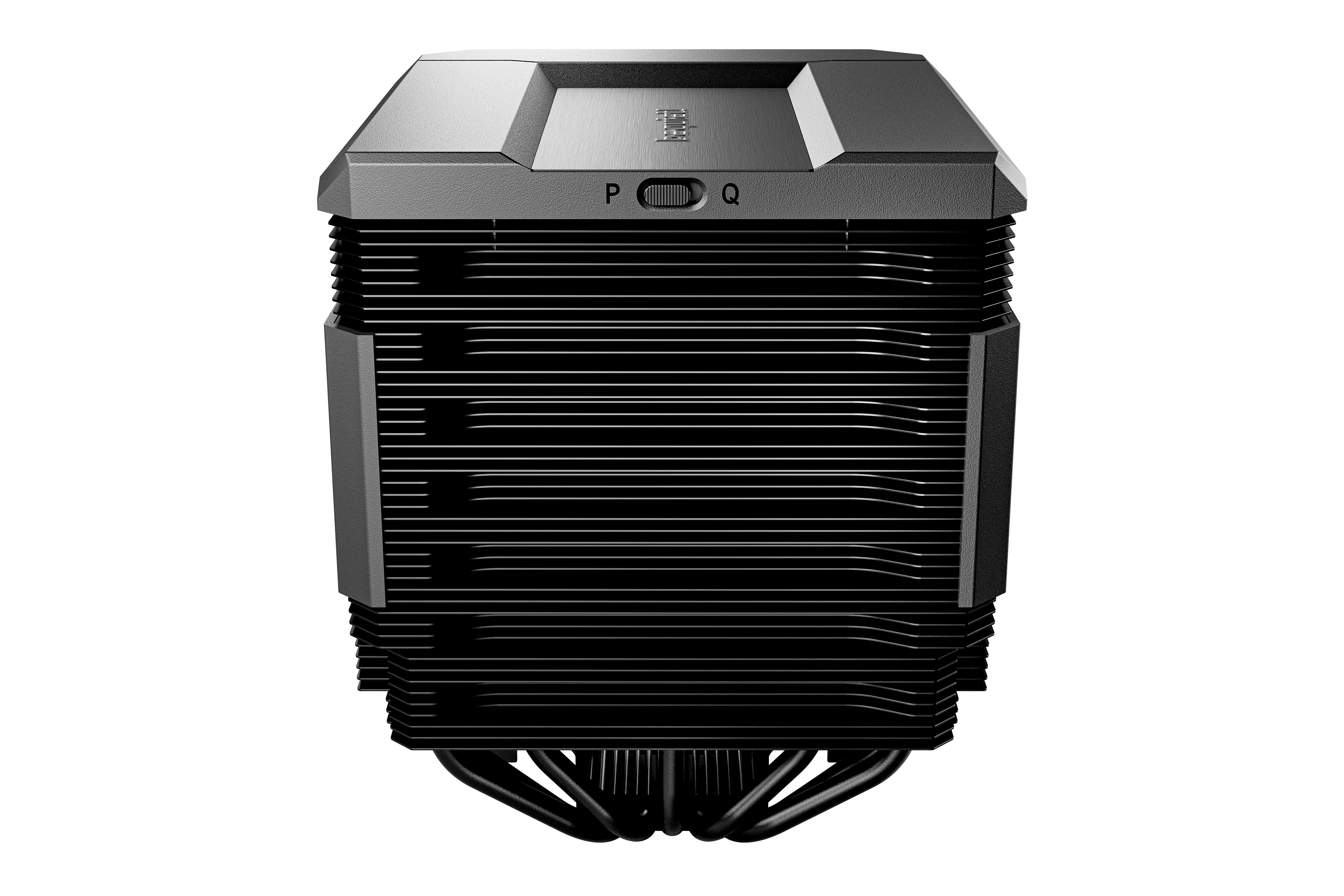 Schwarzer CPU-Kühler mit Lamellen und silbernen Akzenten, auf weißem Hintergrund.