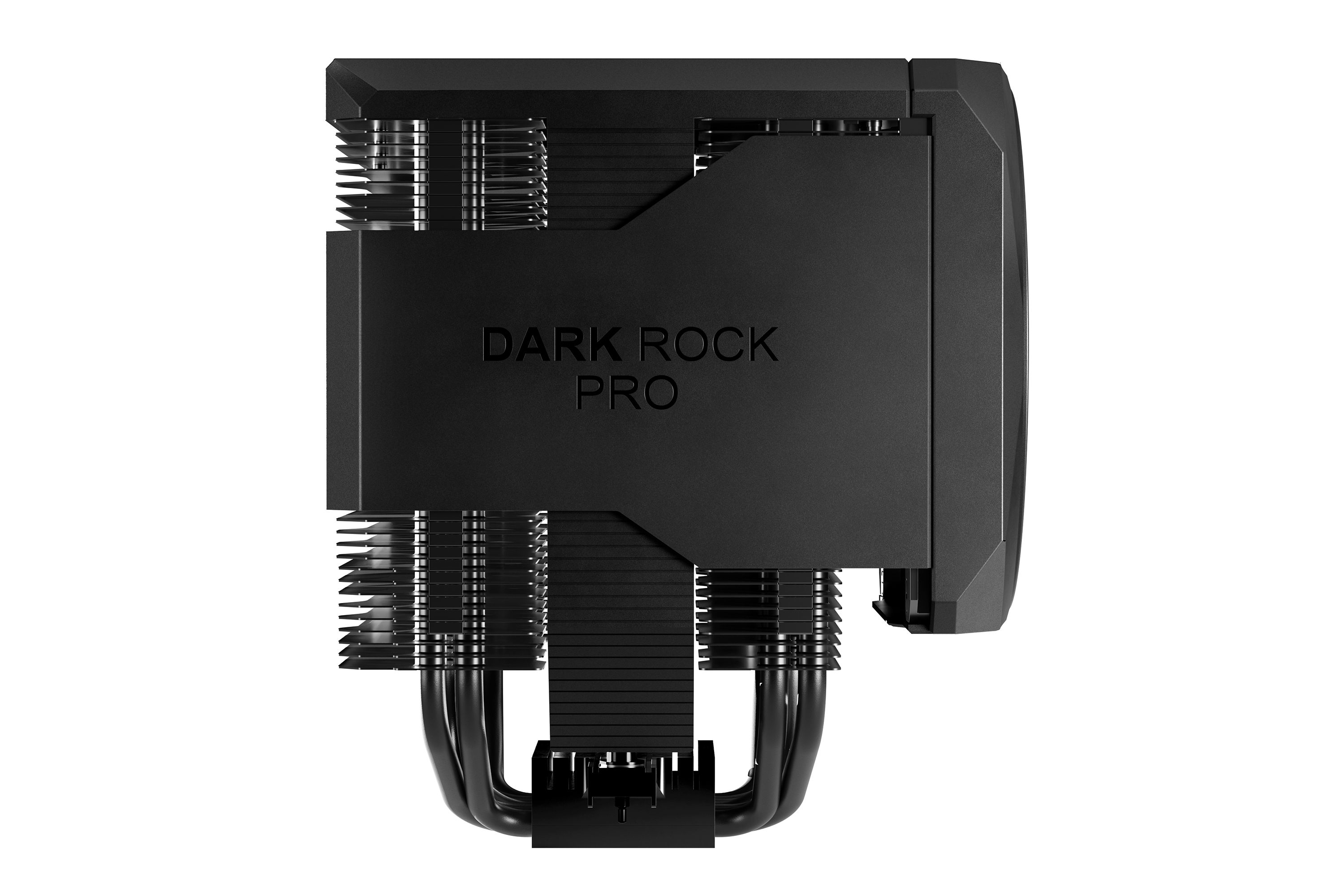 Schwarzer CPU-Kühler mit "DARK ROCK PRO" Schriftzug, detaillierten Lamellen und Kupferheatpipes.
