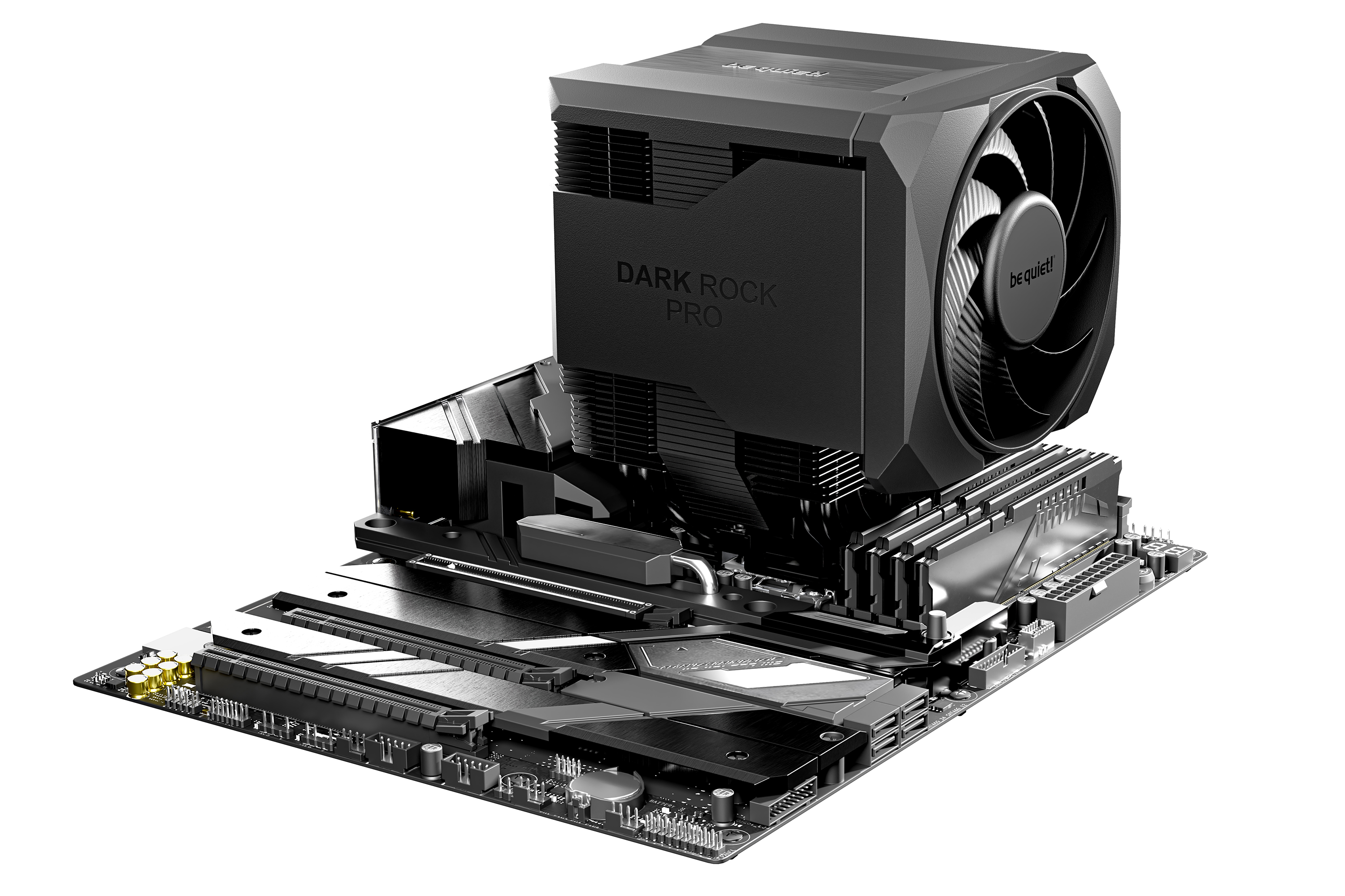 Ein schwarzer CPU-Kühler sitzt auf einem Motherboard mit RAM-Riegeln.