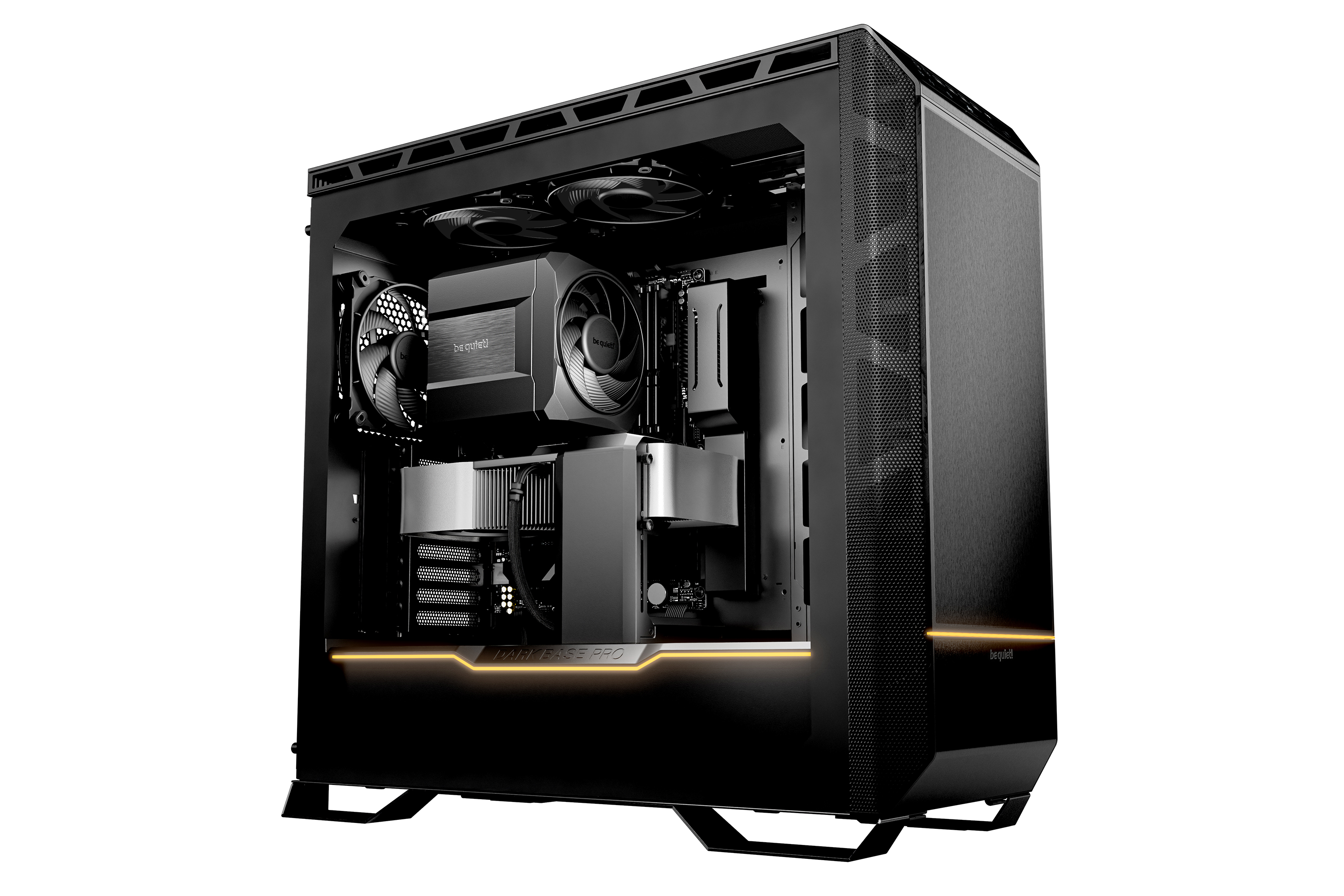 Schwarzes PC-Gehäuse mit Lüftern, CPU-Kühler und Beleuchtung.