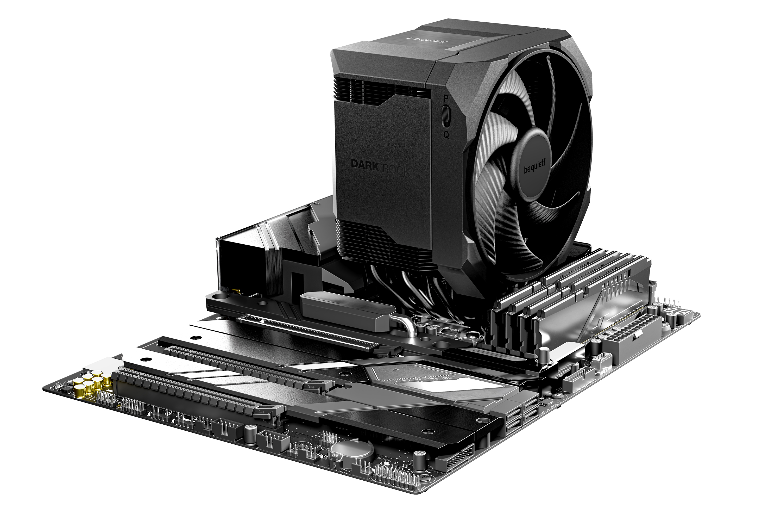 Schwarzer CPU-Kühler auf einem Motherboard mit RAM-Modulen.