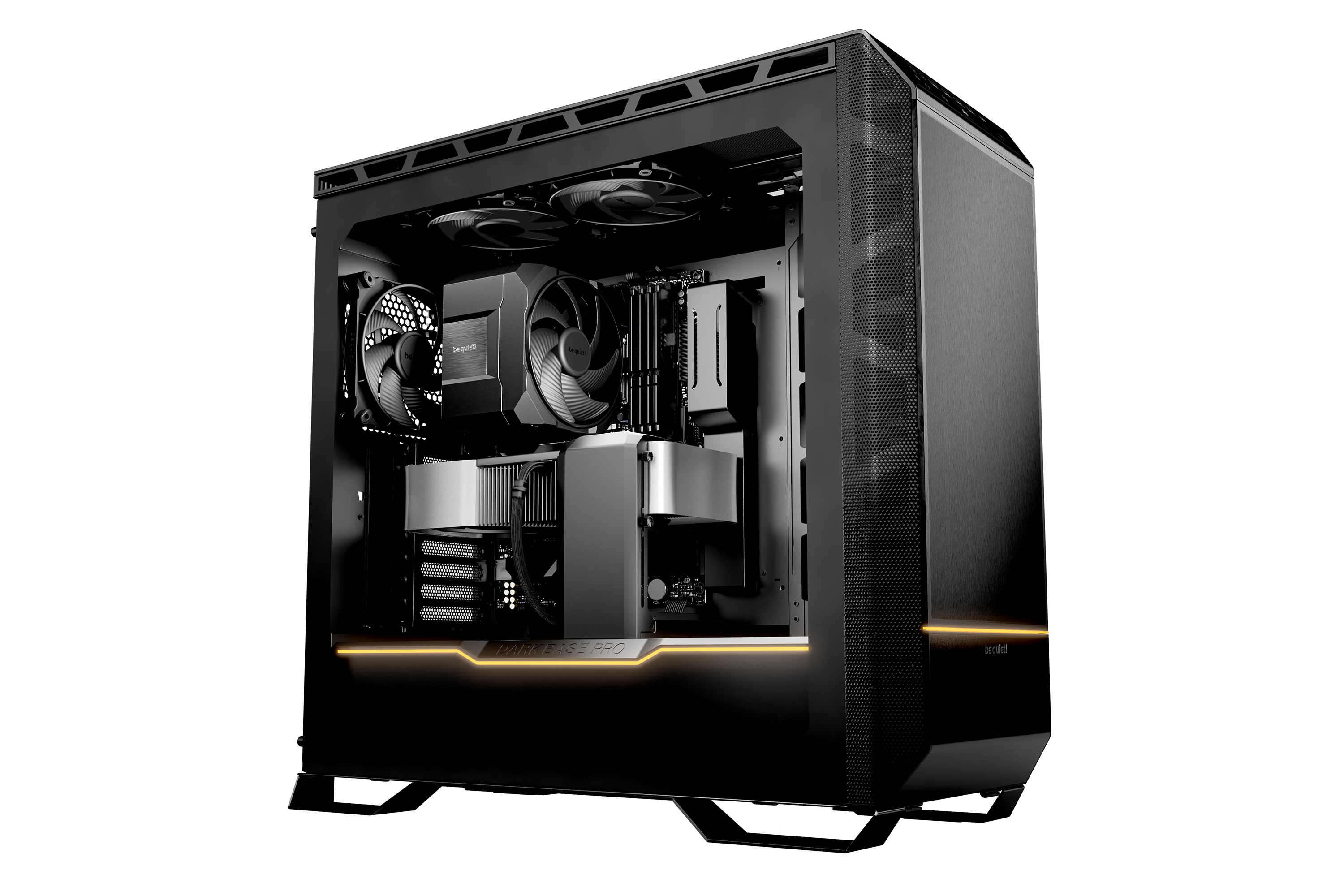 Schwarzes PC-Gehäuse mit offenem Seitenpanel, Lüftern, Kühlkörper und Kabeln.