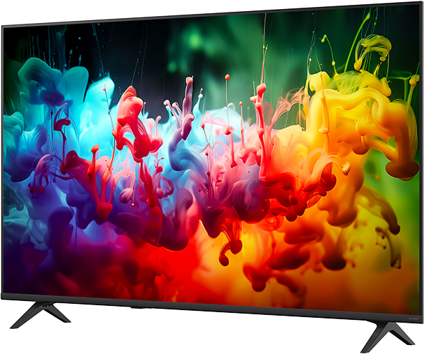 Egy modern TV élénk képet mutat vörös, kék és sárga színű tintafelhőkről.
