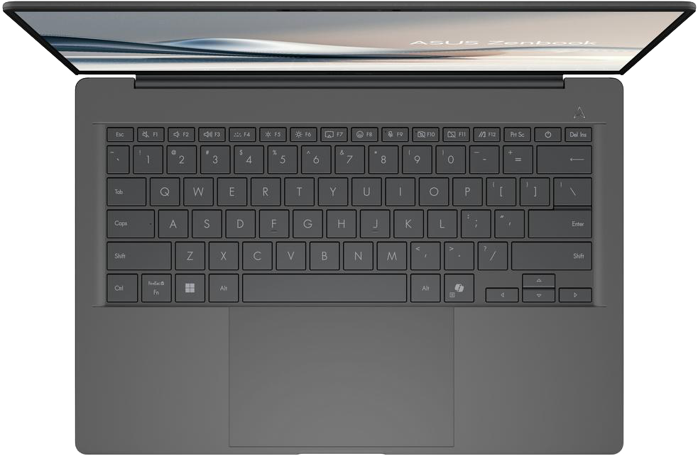 Sötét Asus Zenbook laptop felülnézete, billentyűzet és nyitott képernyő látható.