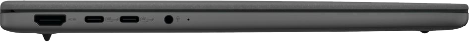 Szürke laptop ház csatlakozókkal: HDMI, USB-C, fejhallgató-csatlakozó.