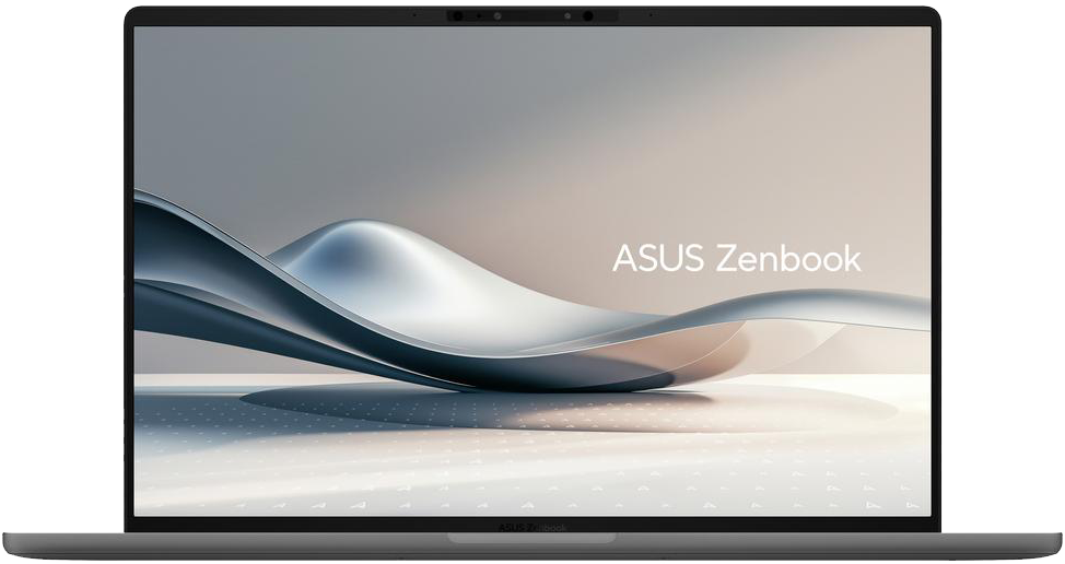 Egy zárt Asus Zenbook laptop hullám animációt jelenít meg a képernyőn.