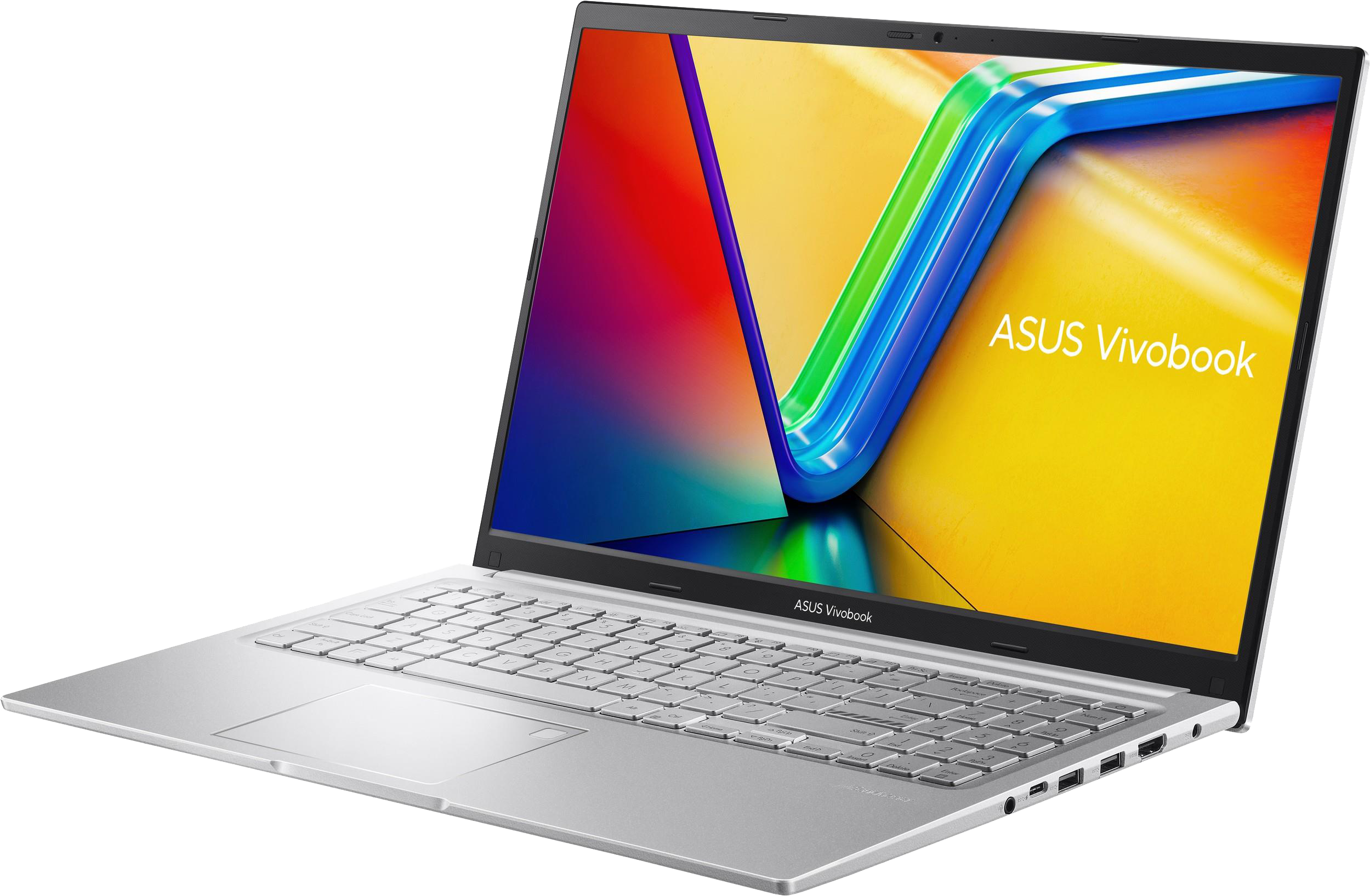 Ezüst Asus Vivobook laptop élénk, színes képernyővel.