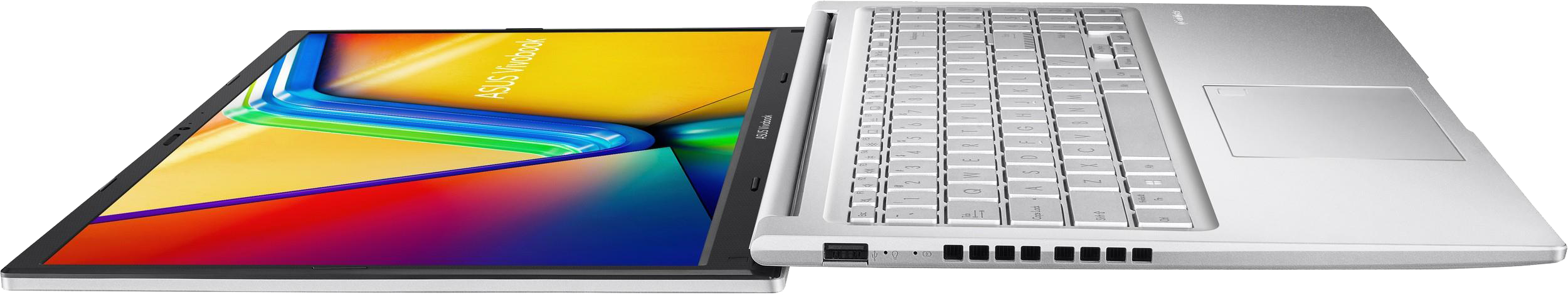 Ezüst laptop világító billentyűzettel és színes képernyővel.