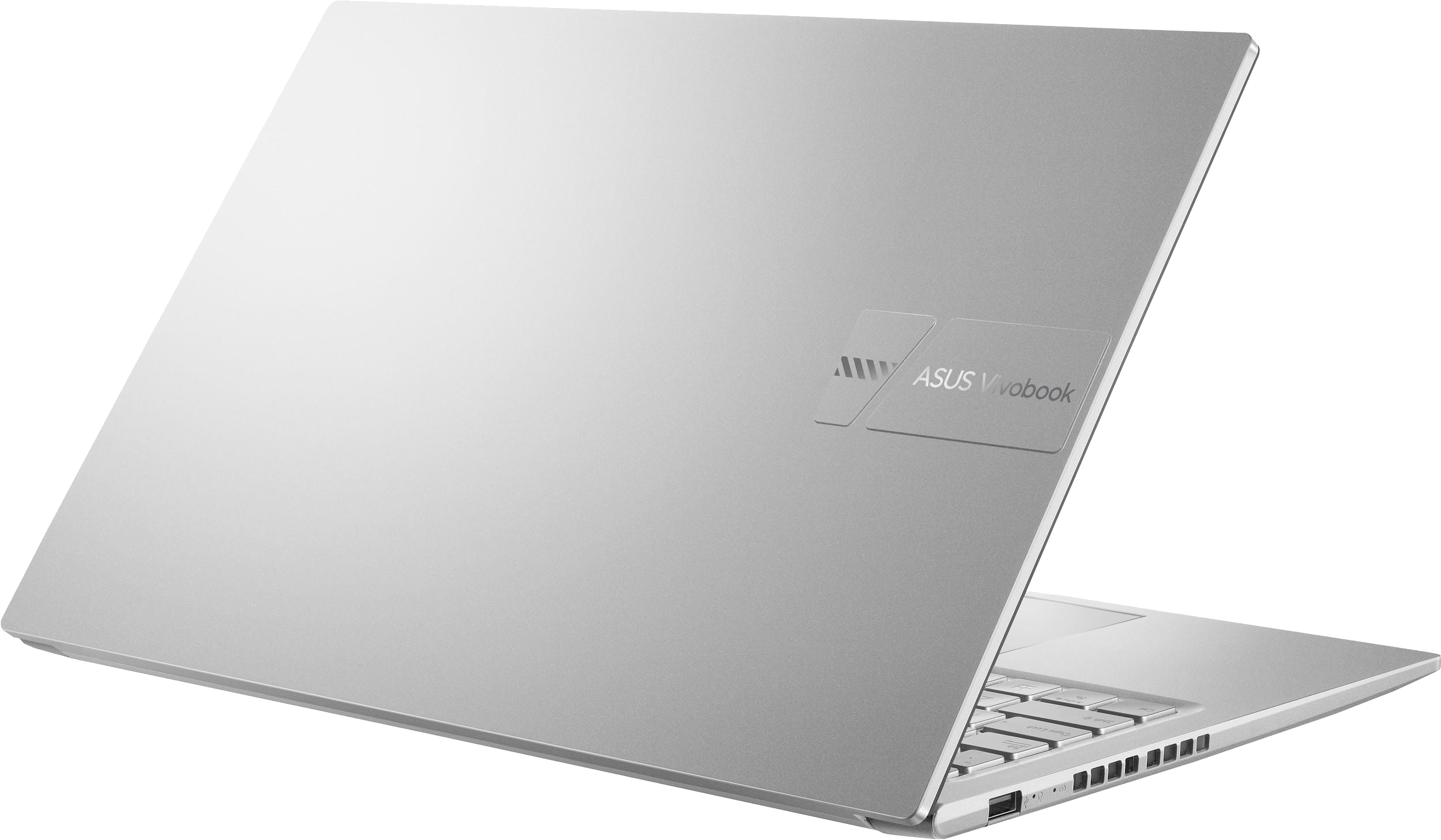 Ezüst ASUS Vivobook laptop, balról hátulról nézve, billentyűzet látható.