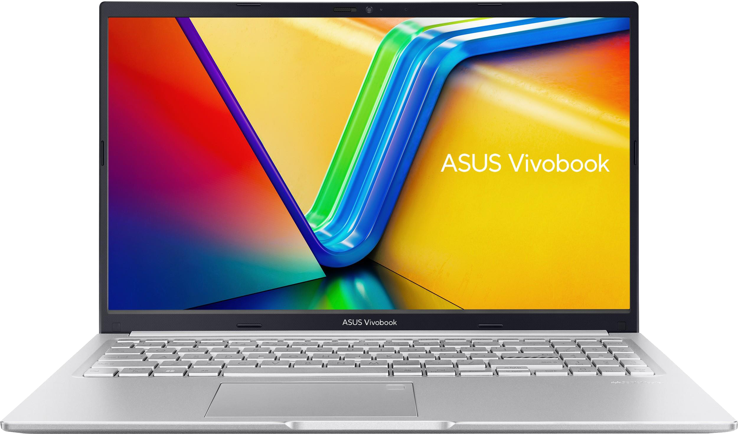Ezüst Asus Vivobook laptop színes háttérképpel. Billentyűzet és érintőpad látható.