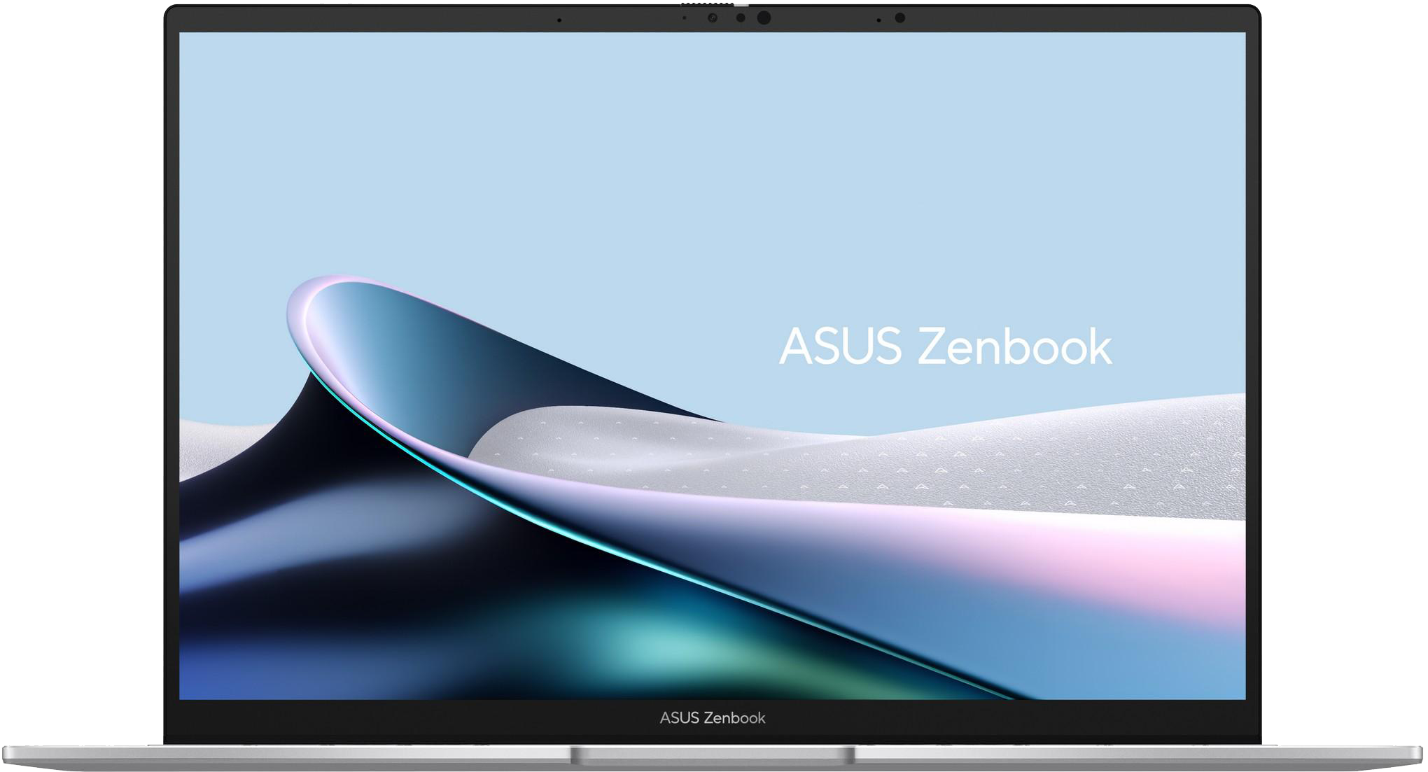 Ezüst laptop absztrakt kék és fehér háttérképpel.