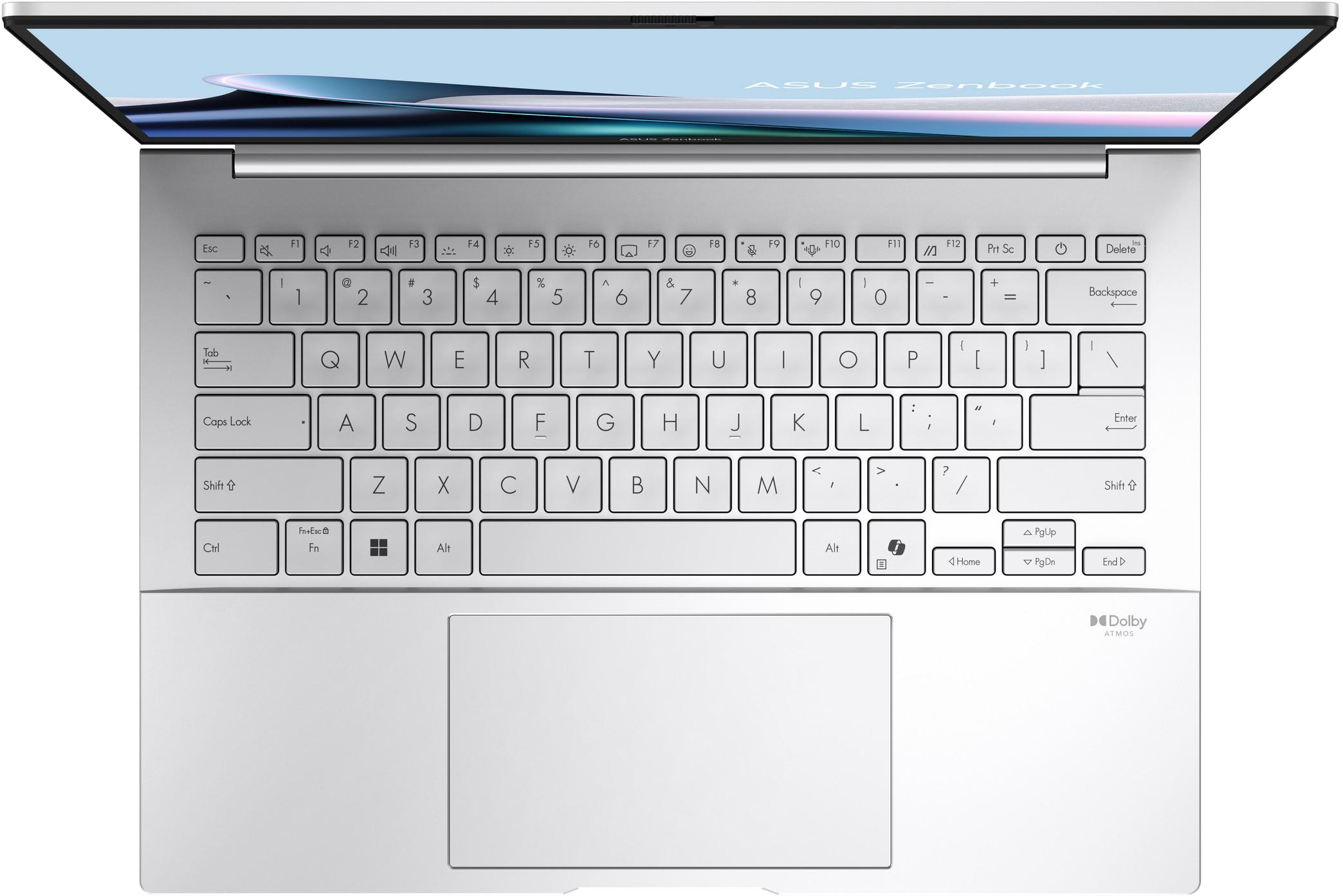 Ezüst ASUS Zenbook laptop, nyitva, látható a billentyűzet és a képernyő.
