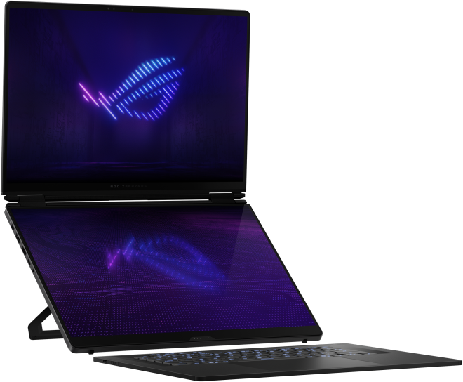 Egy fekete laptop két képernyővel, amelyeken neonkék és rózsaszín logó látható.