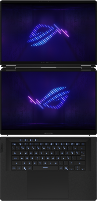 Egy fekete laptop három nézete: két képernyő kék és rózsaszín neon ROG logóval, valamint egy billentyűzet.