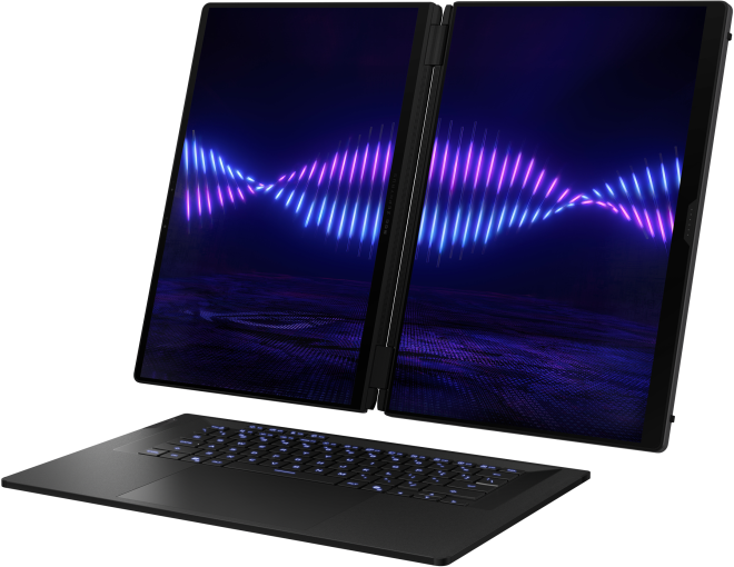 Egy kétképernyős laptop kék és lila hullámformát jelenít meg mindkét képernyőn.