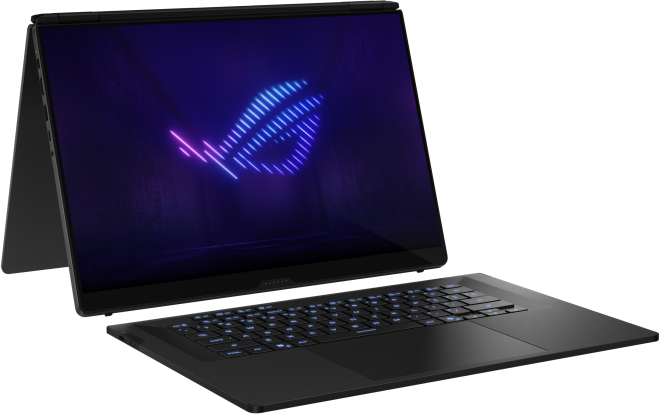 Egy fekete laptop képernyőjén világító kék és rózsaszín ROG logóval.