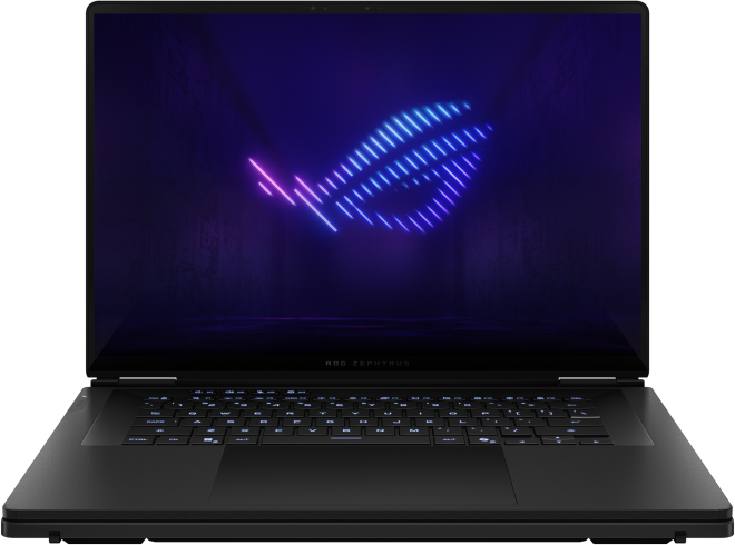 Fekete laptop világító ROG logóval a sötét képernyőn.