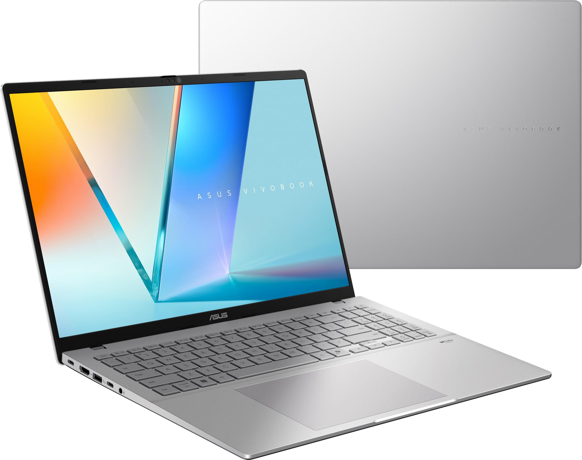 Egy nyitott, ezüst Asus Vivobook laptop színes háttérképpel a képernyőjén.